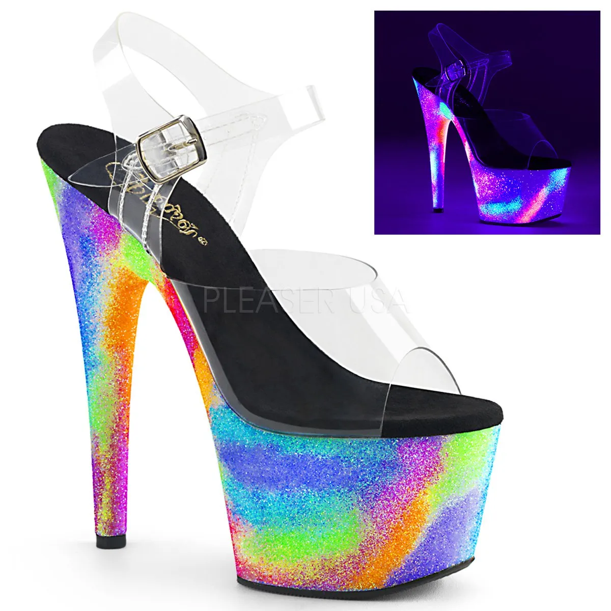 7" Heel Platform With UV-Reactive Galaxy Glitter (ADORE-708GXY)