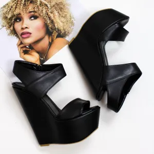 Black Bold Strap 16 cm Heel Wedge Sandals