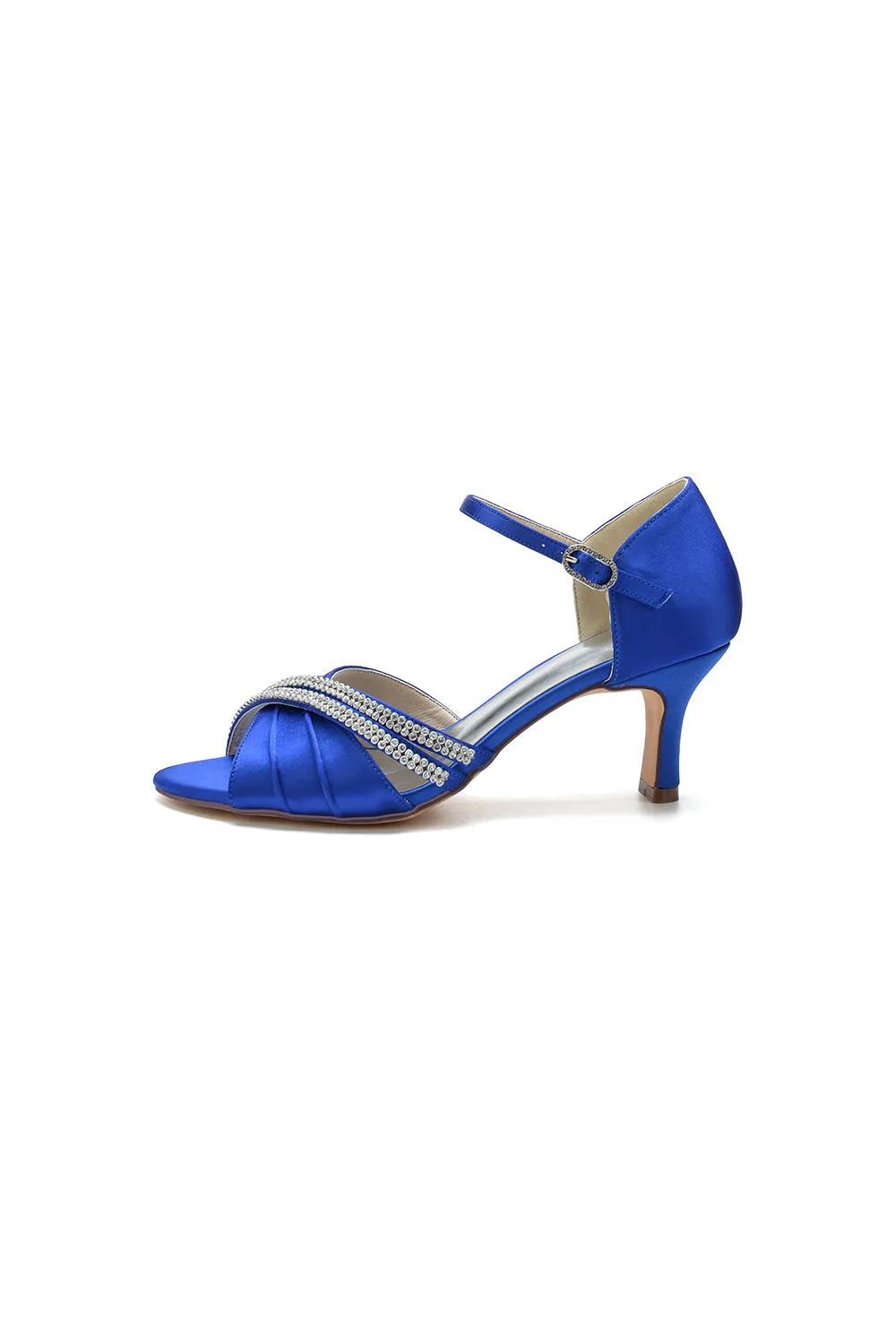 Blue Satin Heels with Elegant Silver Buckle and Rhinestone Detail