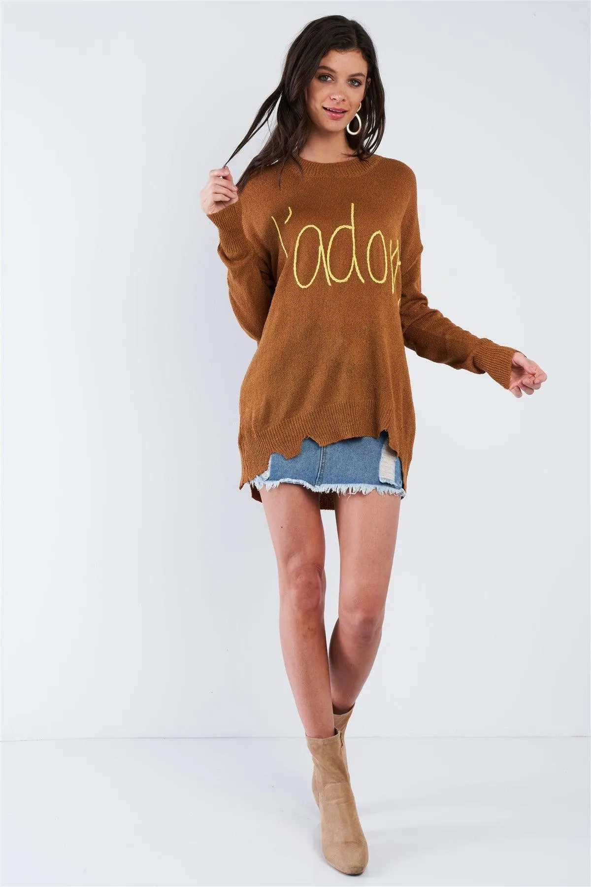 Camel Brown Yellow "J'adore" Script Knit Relaxed Fit Sweater /2-2-2