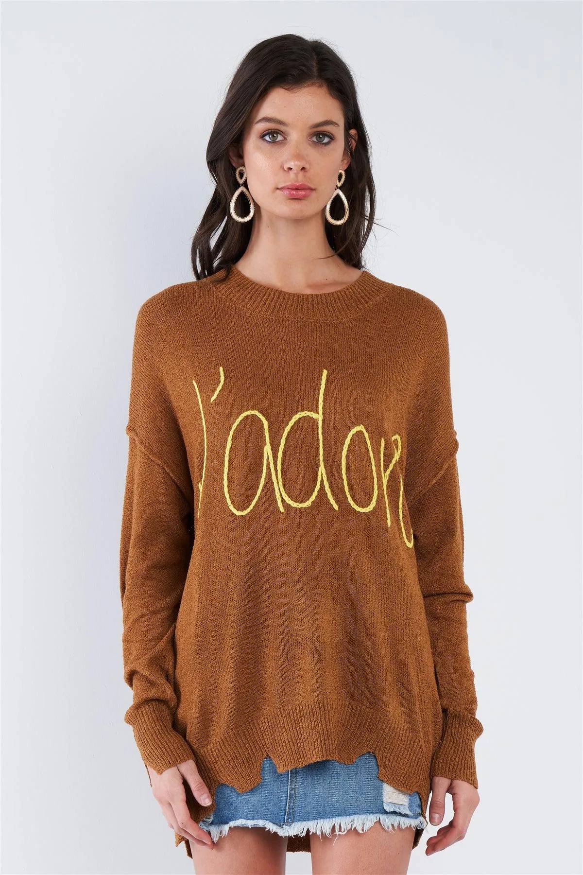 Camel Brown Yellow "J'adore" Script Knit Relaxed Fit Sweater /2-2-2