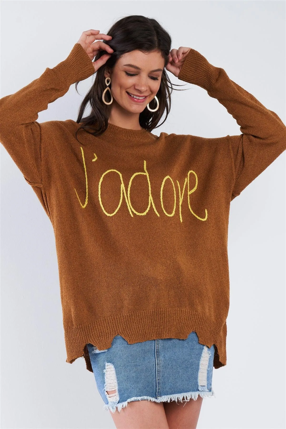 Camel Brown Yellow "J'adore" Script Knit Relaxed Fit Sweater /2-2-2