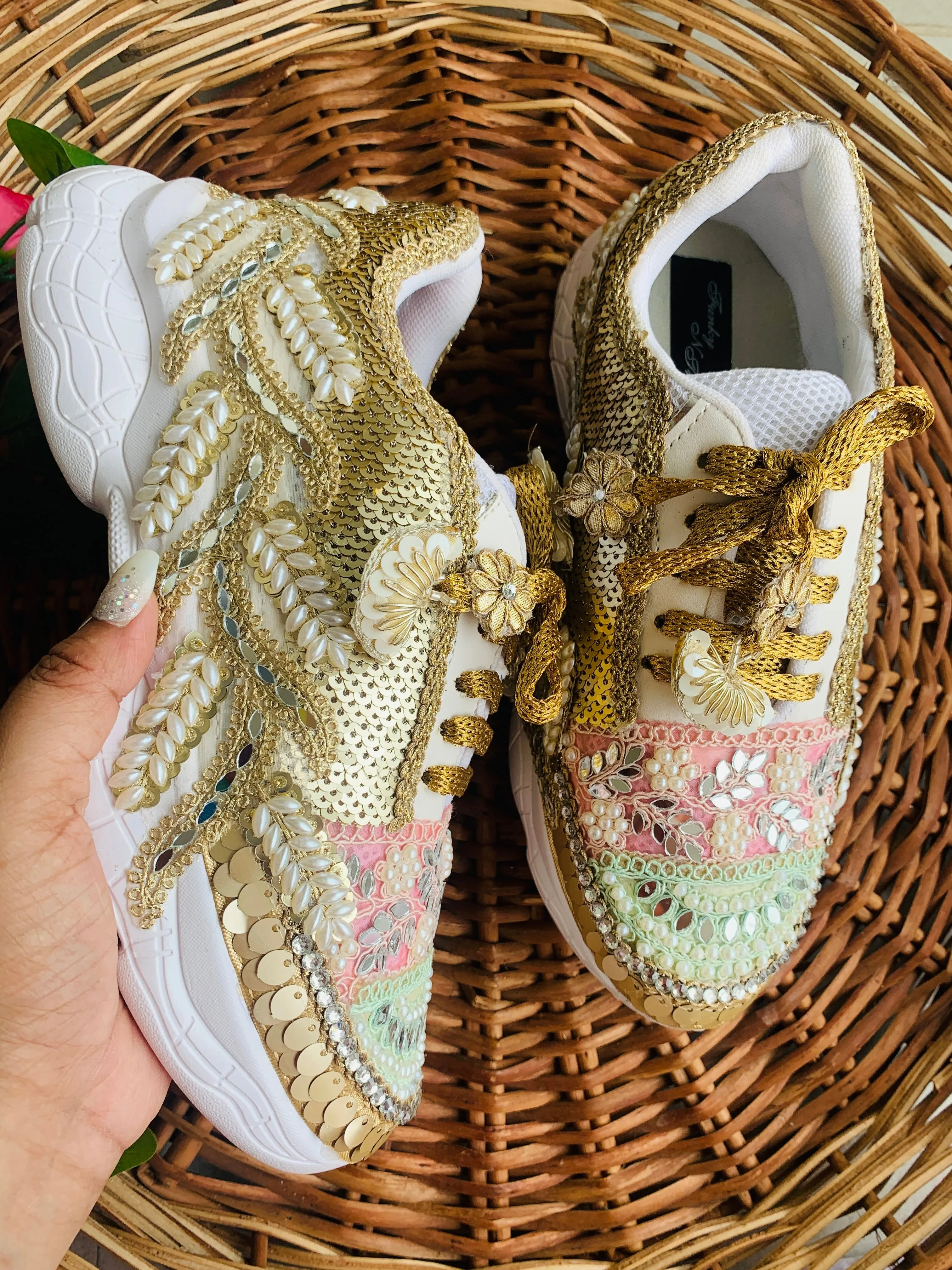 FUNKY N TRENDY hand crafted golden bridal sneakers / gold sneakers / pastel sneakers / embroidery sneakers / sneakers for bride/ embroidered pastel theme sneakers