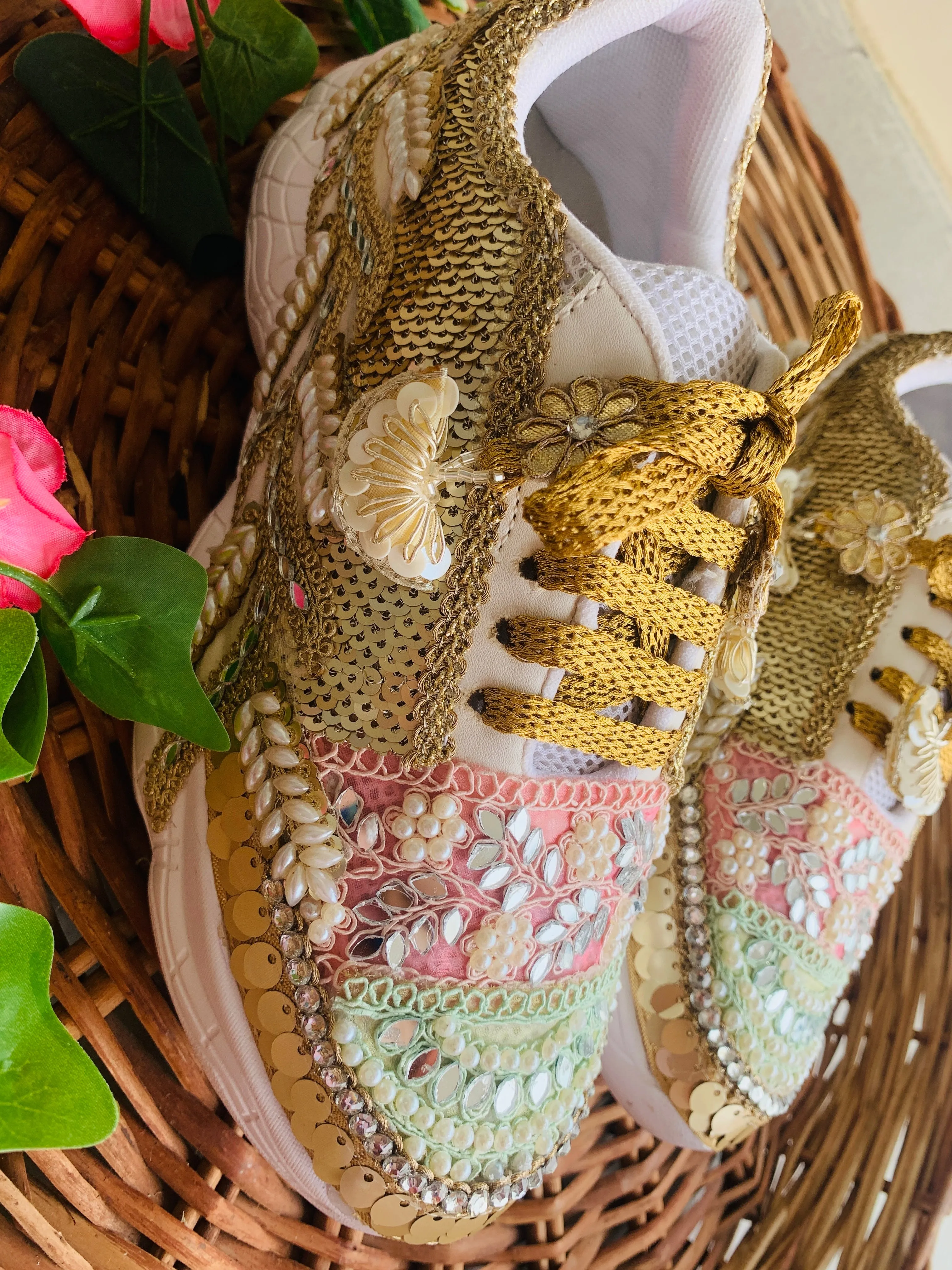 FUNKY N TRENDY hand crafted golden bridal sneakers / gold sneakers / pastel sneakers / embroidery sneakers / sneakers for bride/ embroidered pastel theme sneakers