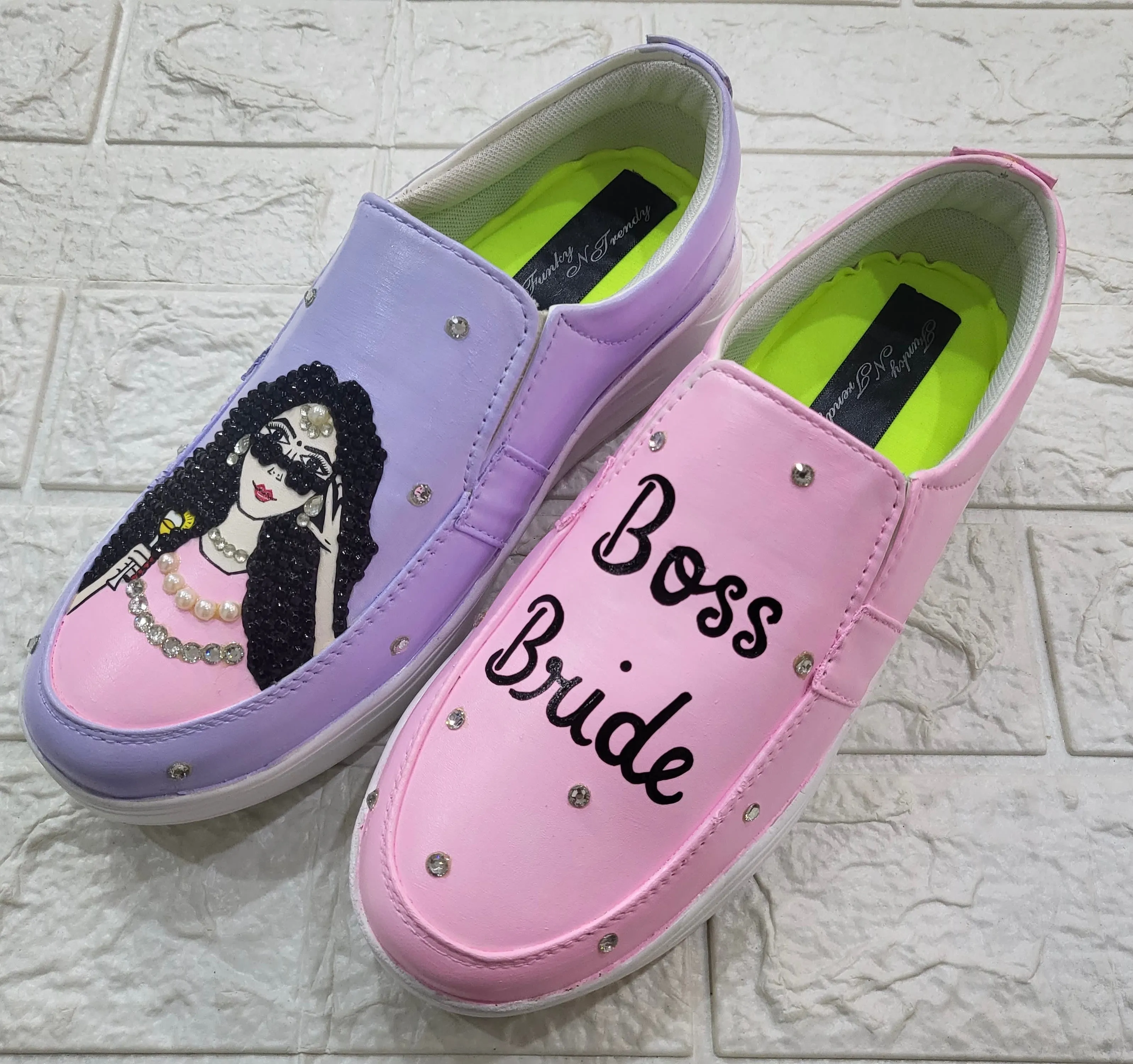 Funky N Trendy hand painted water resistant Boss Bride wedding theme shoes for bride/ rhinestone shoes / fully shoes / haldi mahendi shoes / loafer shoes