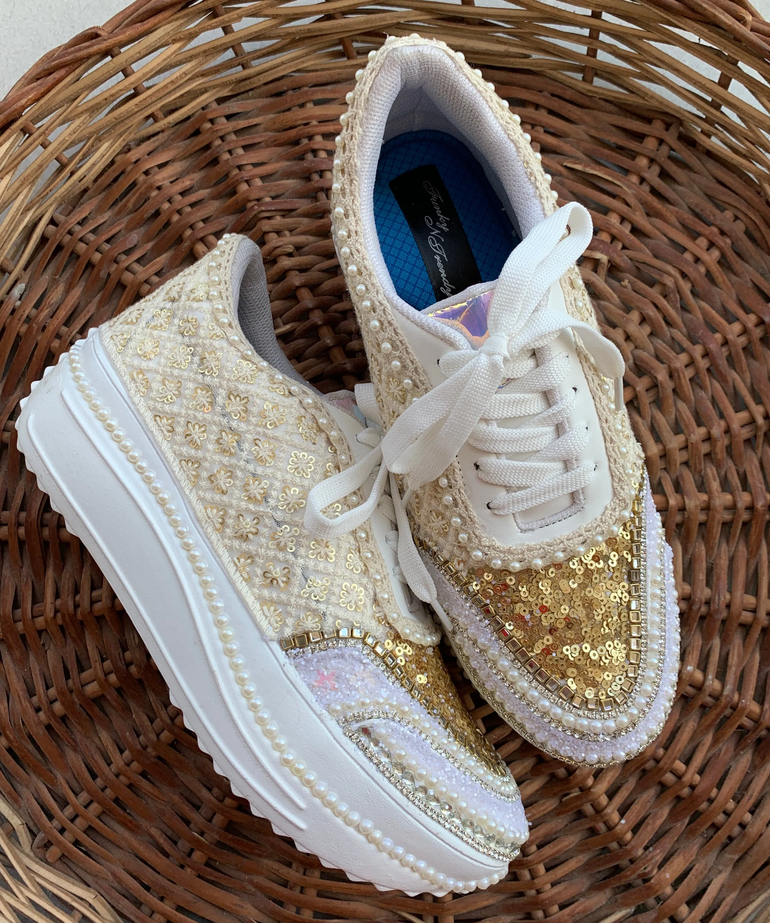 FUNKY N TRENDY ivory and gold bridal sneakers / bridesmaid sneakers/ golden sneakers / gold heeled sneakers / ivory sneakers/ gold sneakers