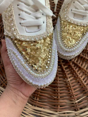 FUNKY N TRENDY ivory and gold bridal sneakers / bridesmaid sneakers/ golden sneakers / gold heeled sneakers / ivory sneakers/ gold sneakers