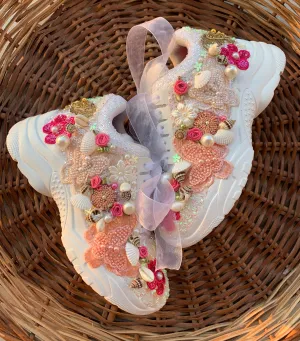 FUNKY N TRENDY peach/white/ pink floral butterfly theme sneakers with shells pearls detailing for brides / bridesmaids with custom couple name initials/ pink shoes / peach shoes