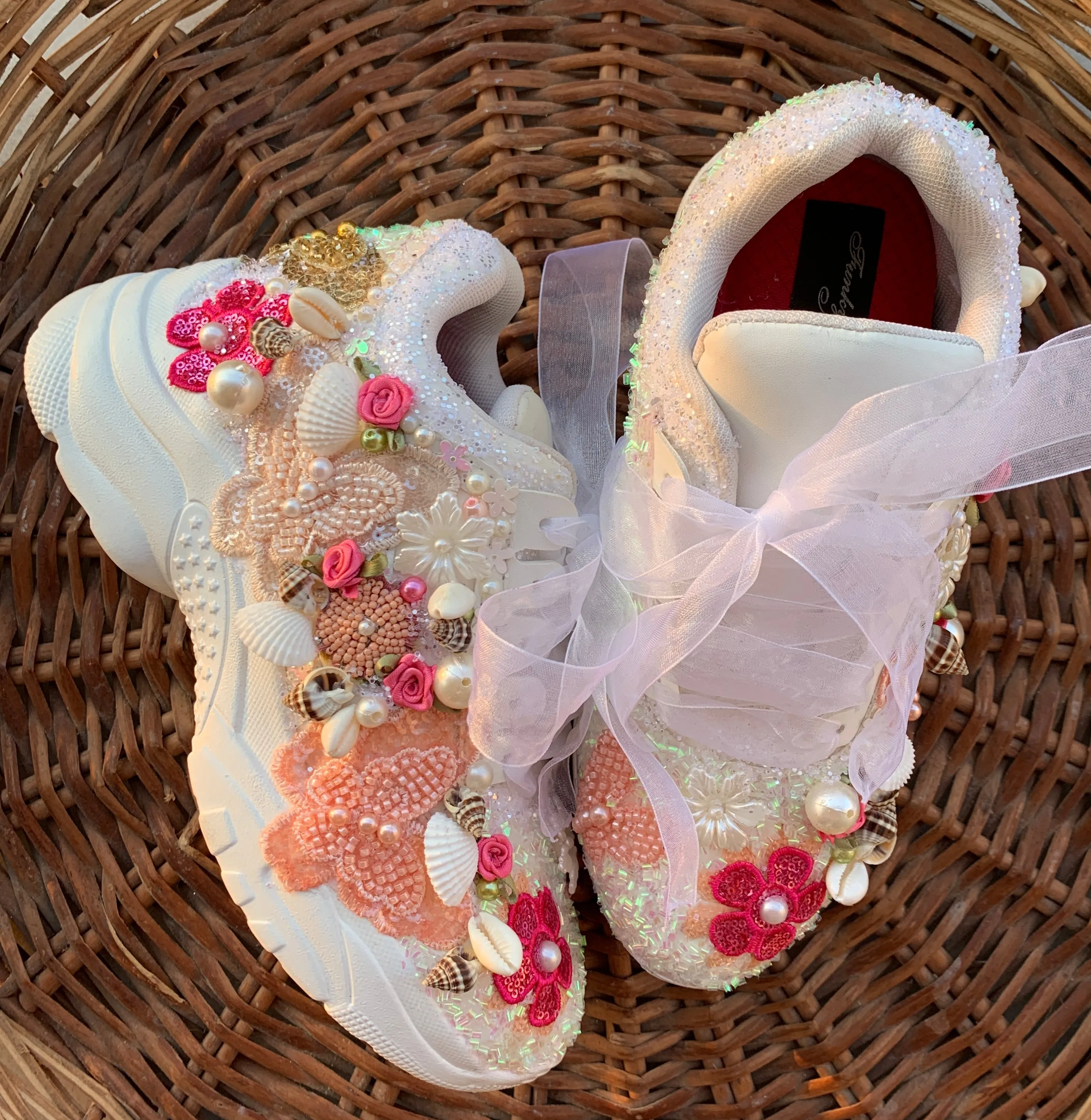 FUNKY N TRENDY peach/white/ pink floral butterfly theme sneakers with shells pearls detailing for brides / bridesmaids with custom couple name initials/ pink shoes / peach shoes