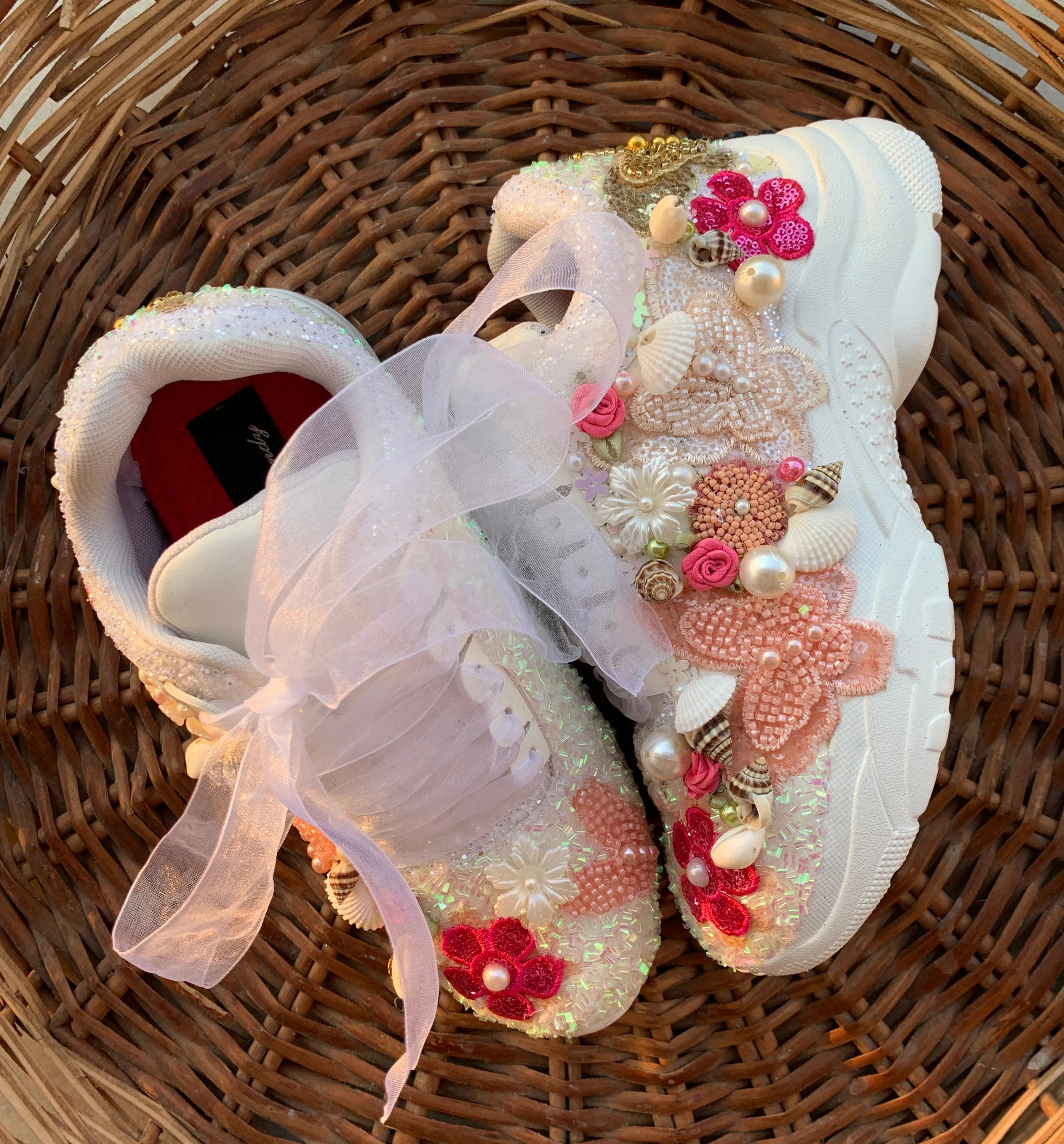 FUNKY N TRENDY peach/white/ pink floral butterfly theme sneakers with shells pearls detailing for brides / bridesmaids with custom couple name initials/ pink shoes / peach shoes