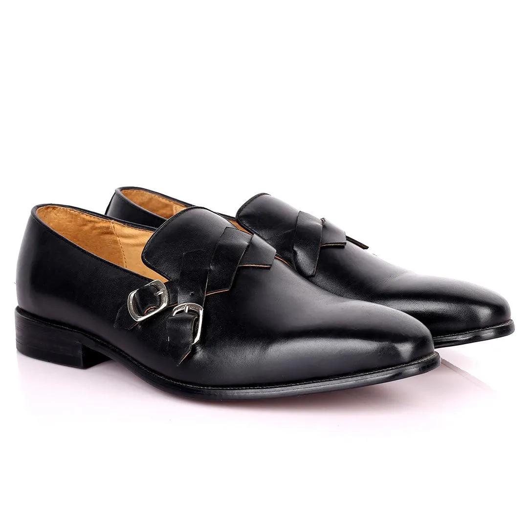 Gian Elegant Intertwined Double Belt Designed Formal Shoe - Black