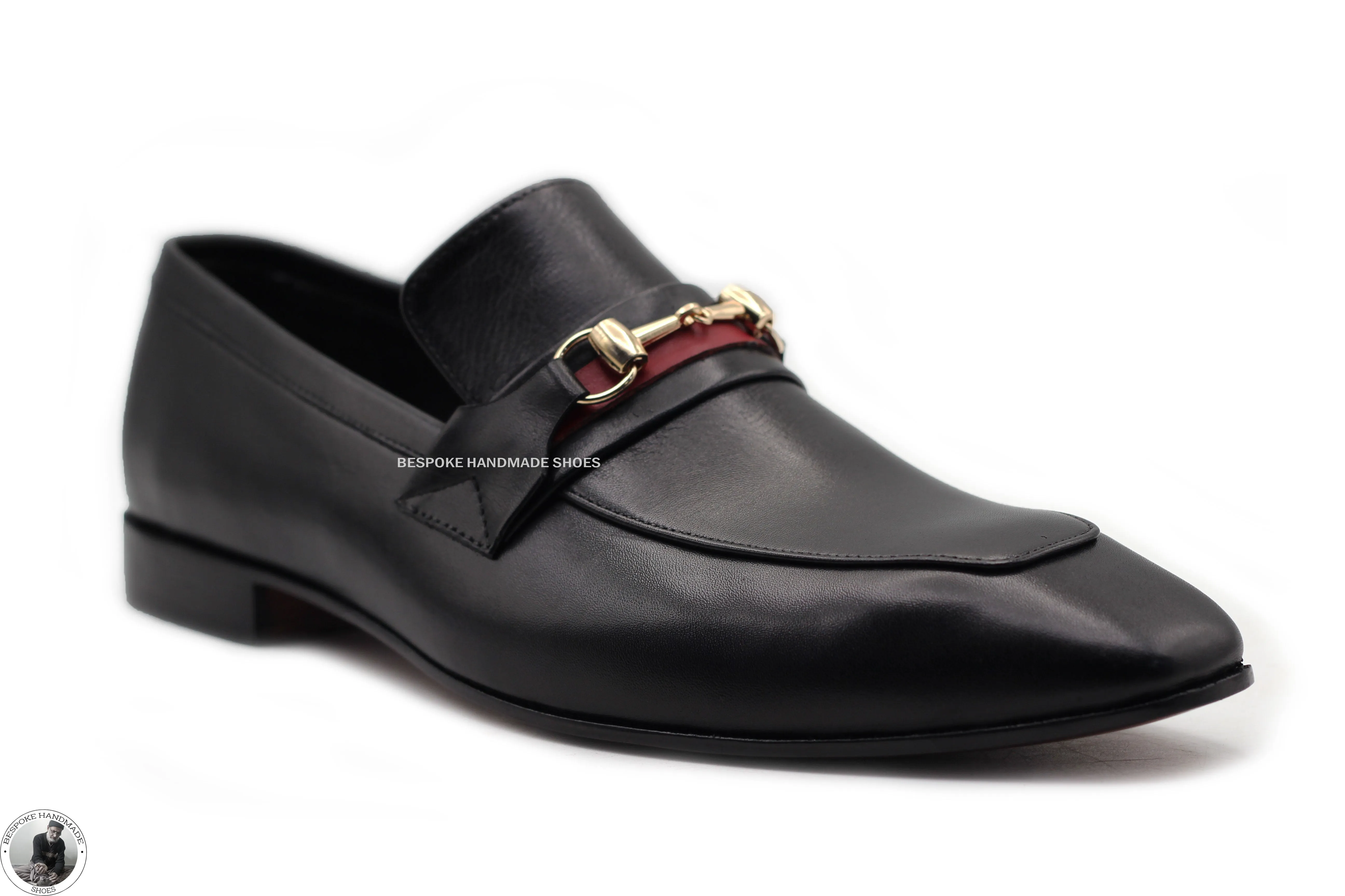 Handmade Goodyear Genuine Black Leather Slip On Moccasin Buckle Dress Shoes