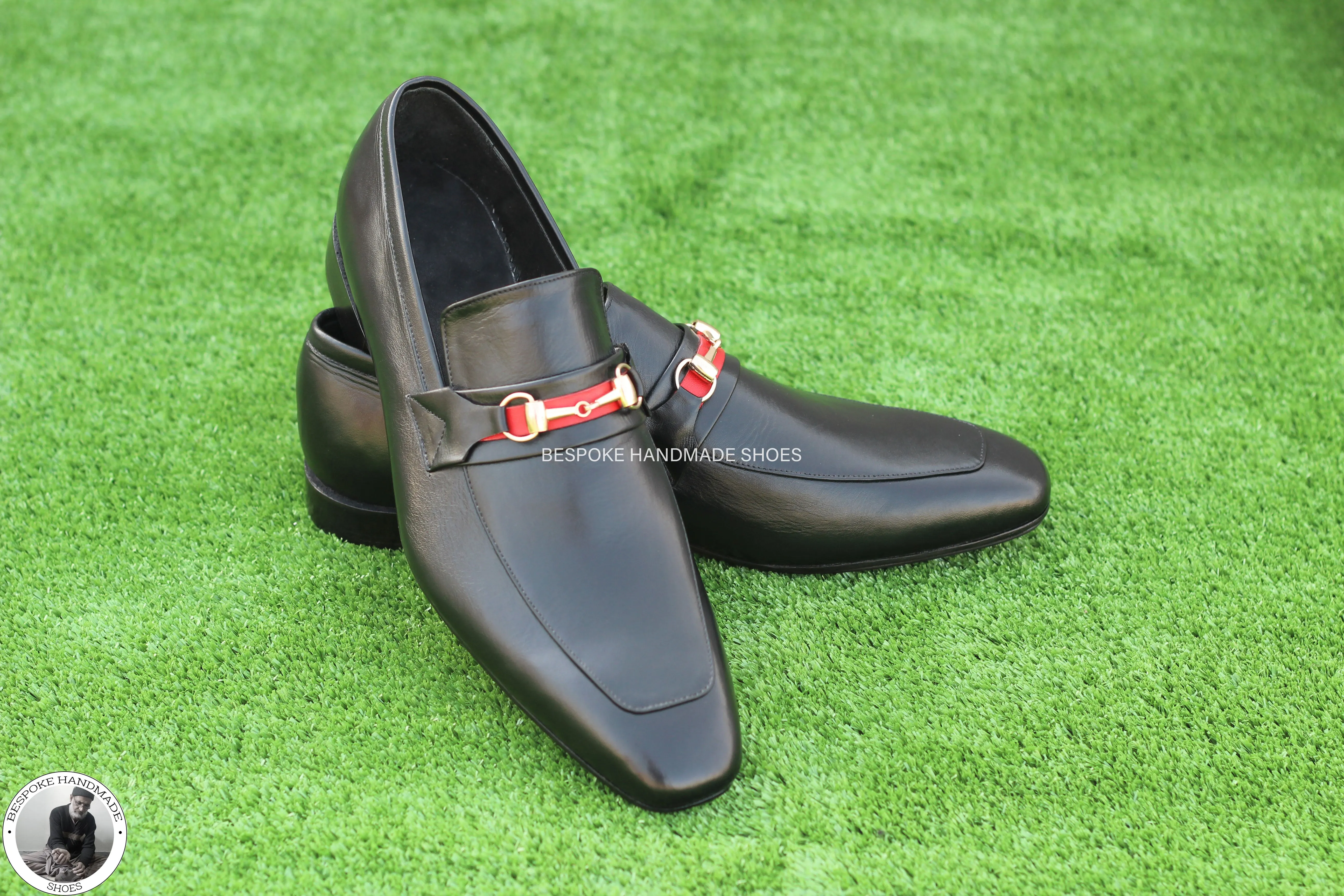 Handmade Goodyear Genuine Black Leather Slip On Moccasin Buckle Dress Shoes