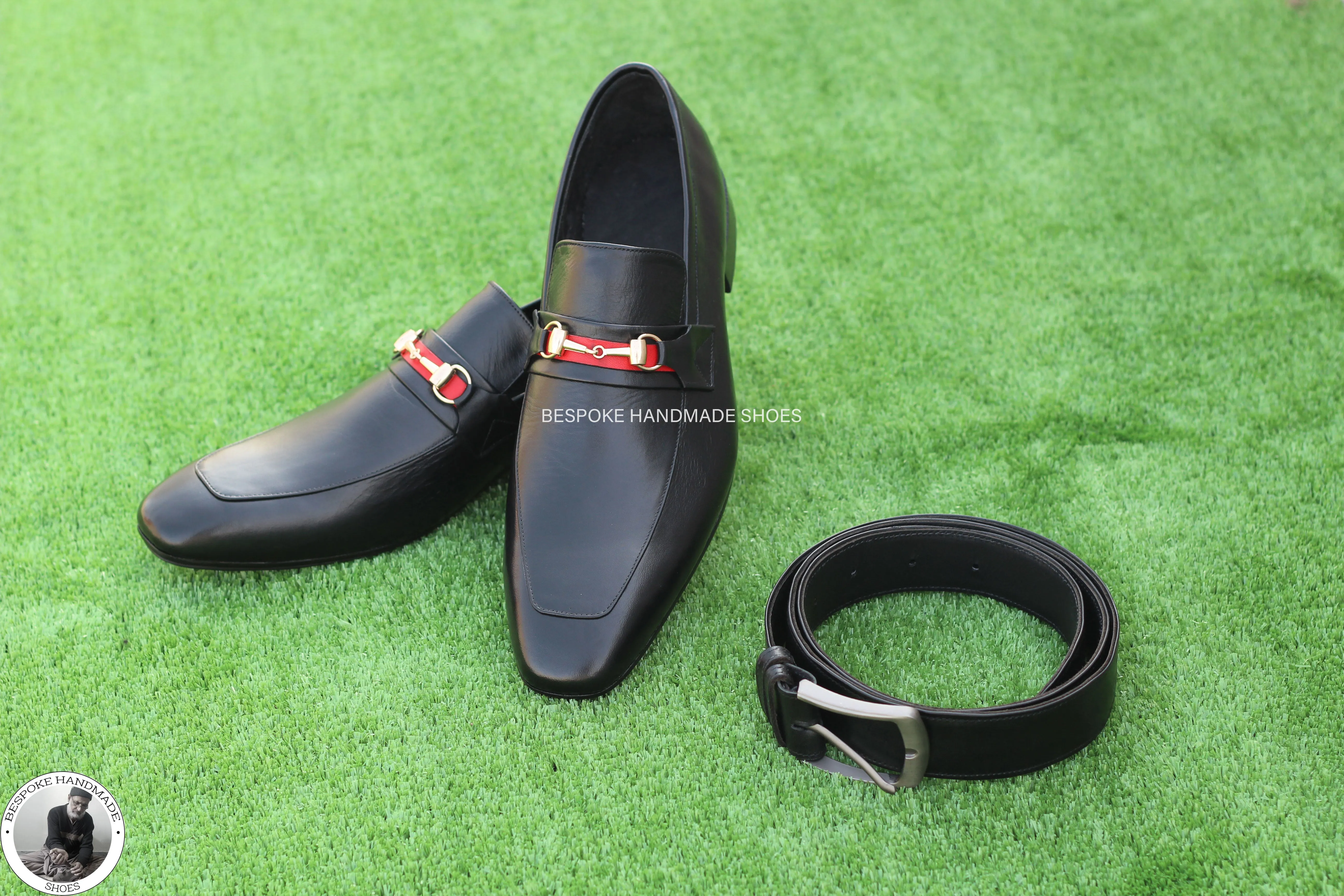 Handmade Goodyear Genuine Black Leather Slip On Moccasin Buckle Dress Shoes