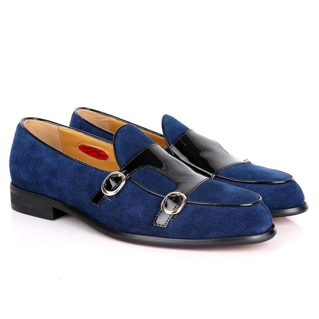 John Foster Double Monk Blue Suede And Black Wetlips Strap Shoe