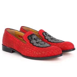 John Foster Red Crocodile Leather Crown Monogram Front Designed Shoes