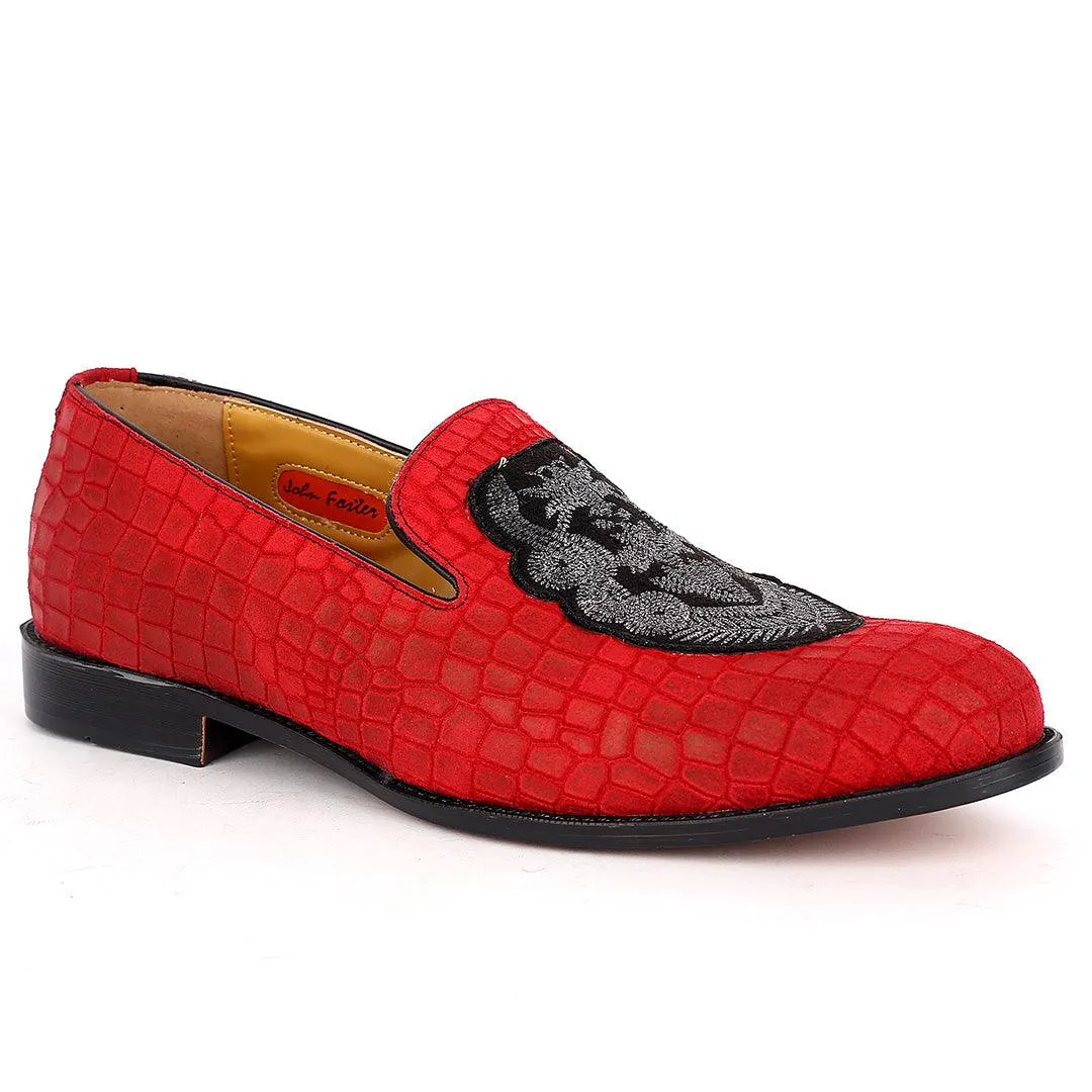 John Foster Red Crocodile Leather Crown Monogram Front Designed Shoes