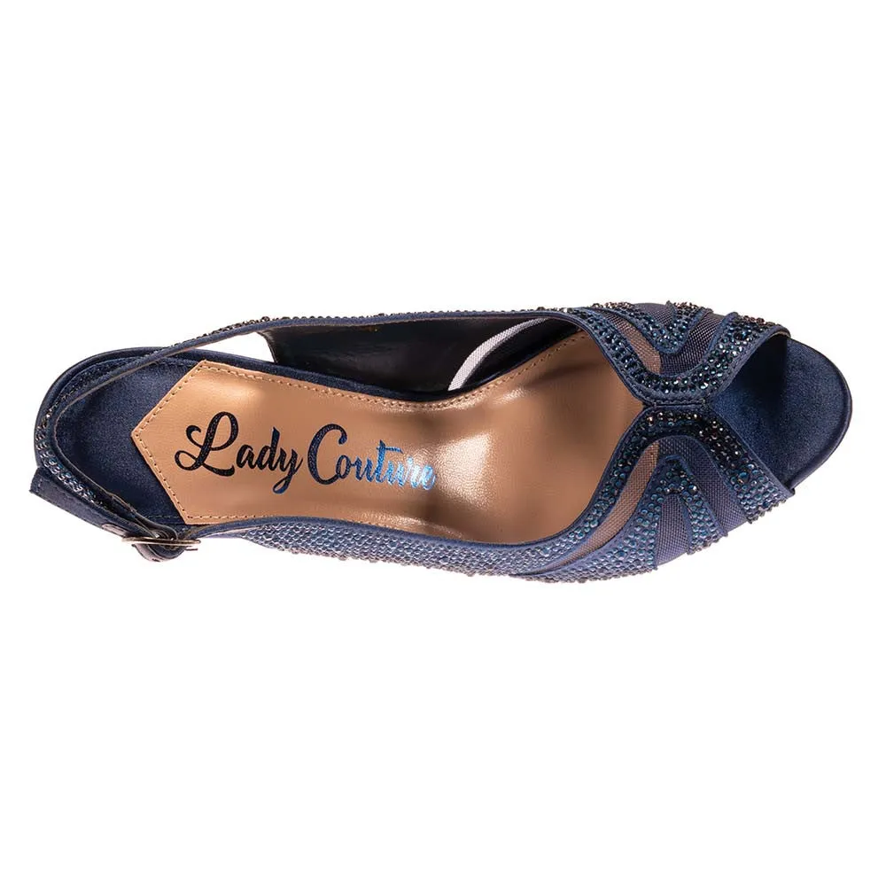 Lady Couture ADORE Navy Blue Mid Heel Rhinestone Slingback