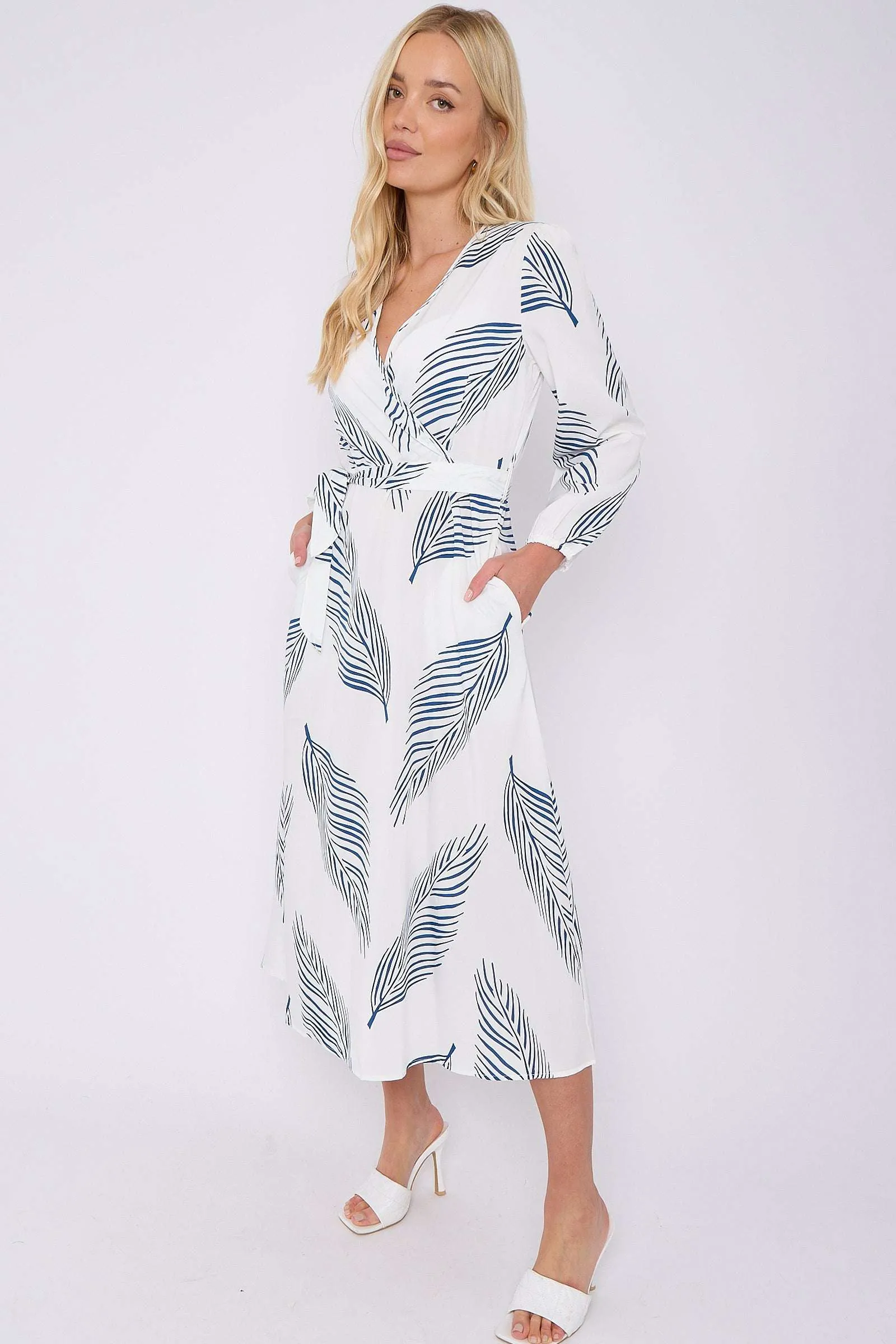 LOVE SUNSHINE White Plam Leaf Printed V Neck Midi Dress