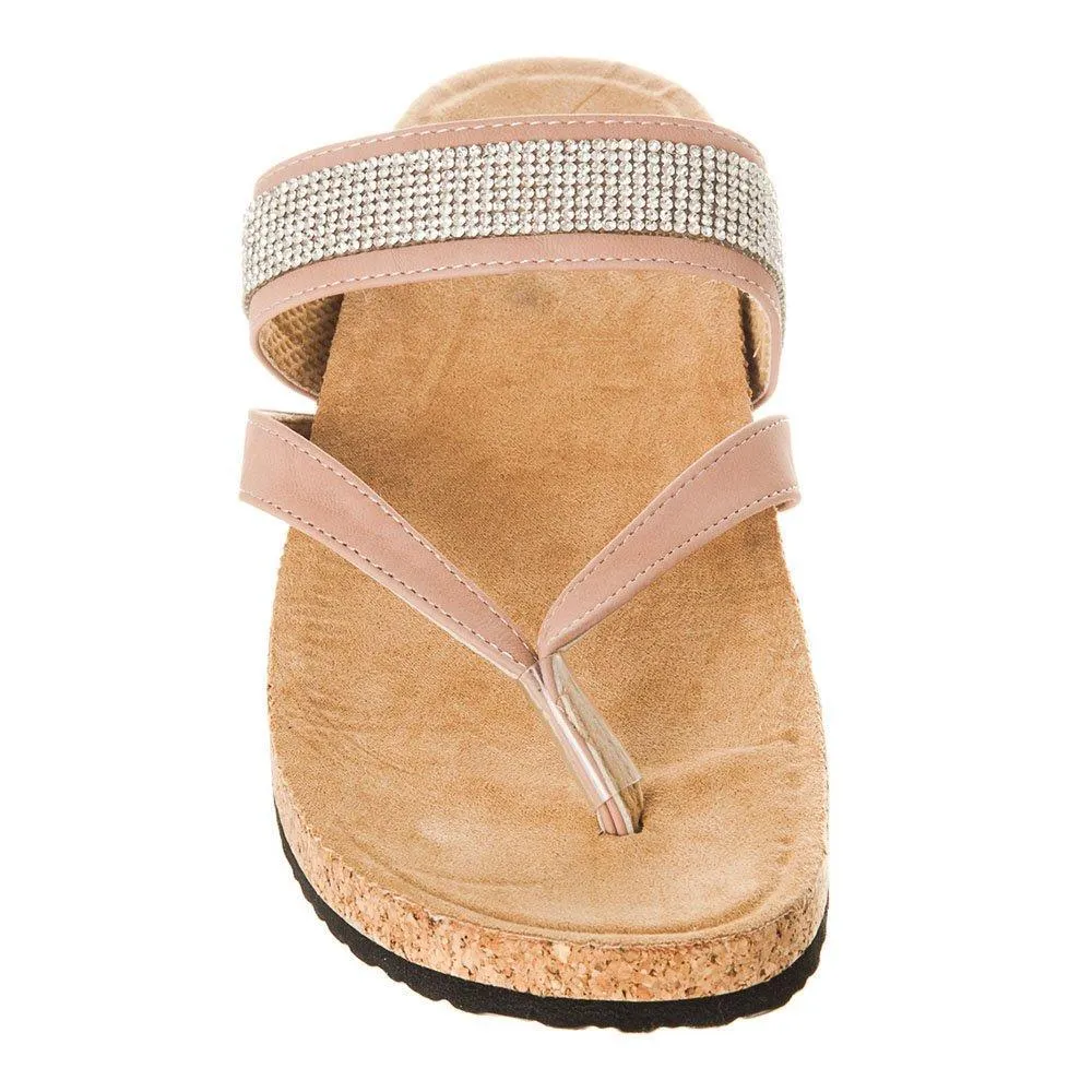 Low Cork Wedge Heel Toe Post Diamante Mule Sandal