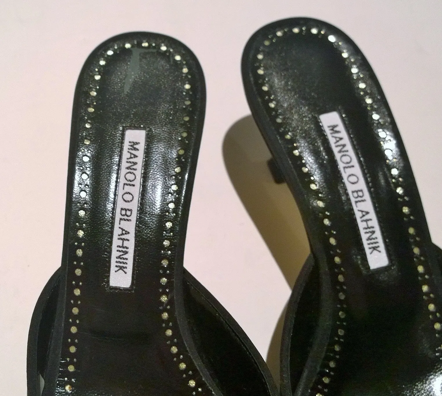 Manolo Blahnik Maysale Black Crepe de Chine Mops Mother of Pearl Buckle Mules Heels