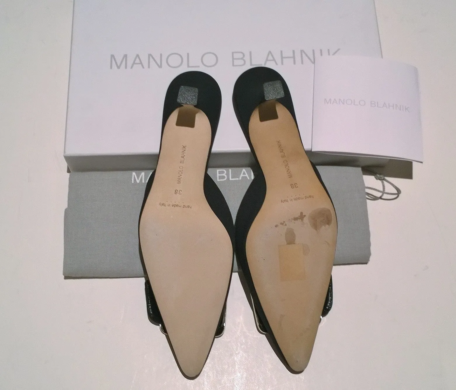 Manolo Blahnik Maysale Black Crepe de Chine Mops Mother of Pearl Buckle Mules Heels