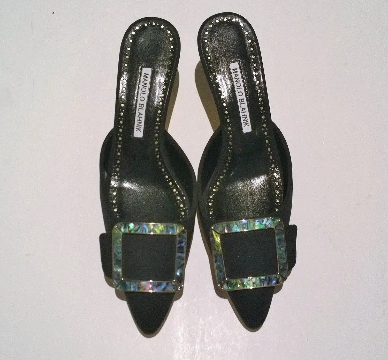 Manolo Blahnik Maysale Black Crepe de Chine Mops Mother of Pearl Buckle Mules Heels