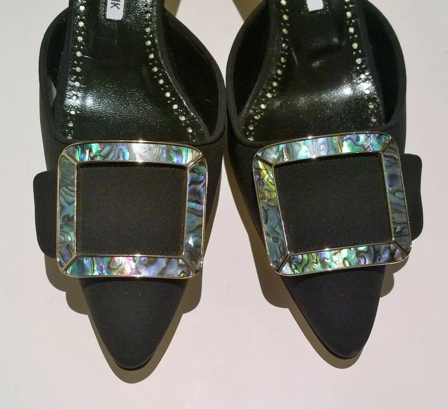 Manolo Blahnik Maysale Black Crepe de Chine Mops Mother of Pearl Buckle Mules Heels