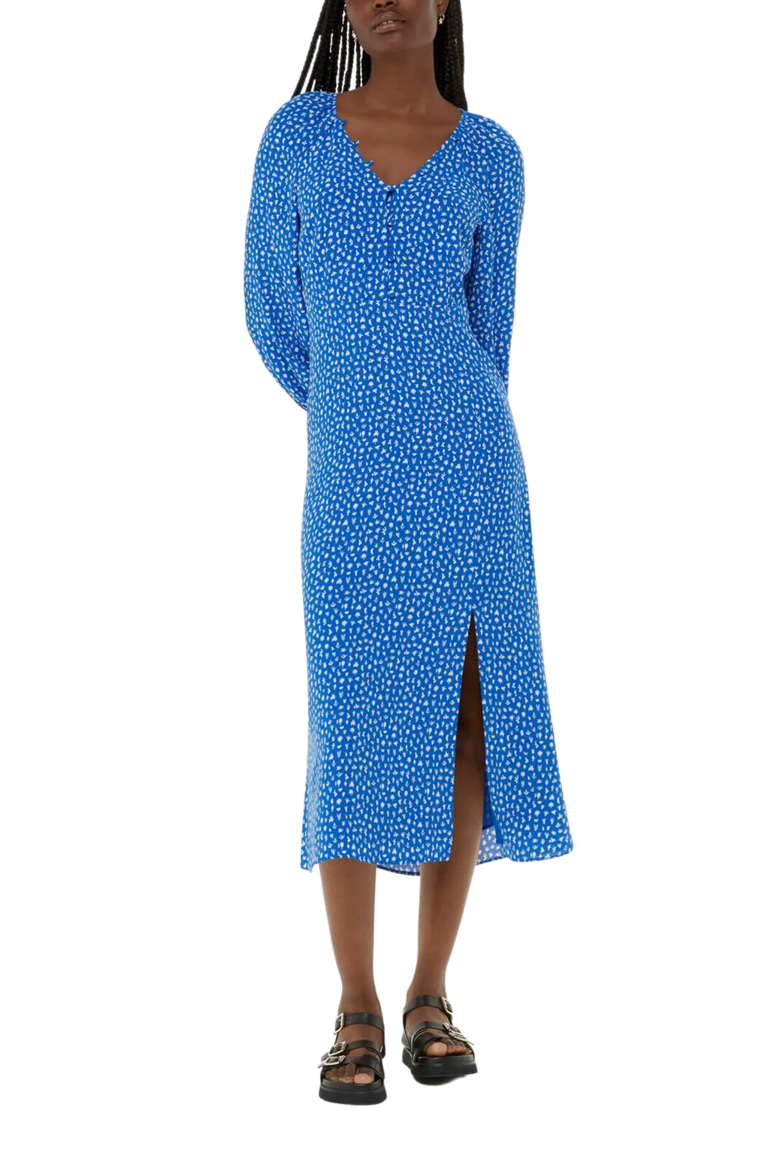 Micro Cactus Print Midi Dress in Blue