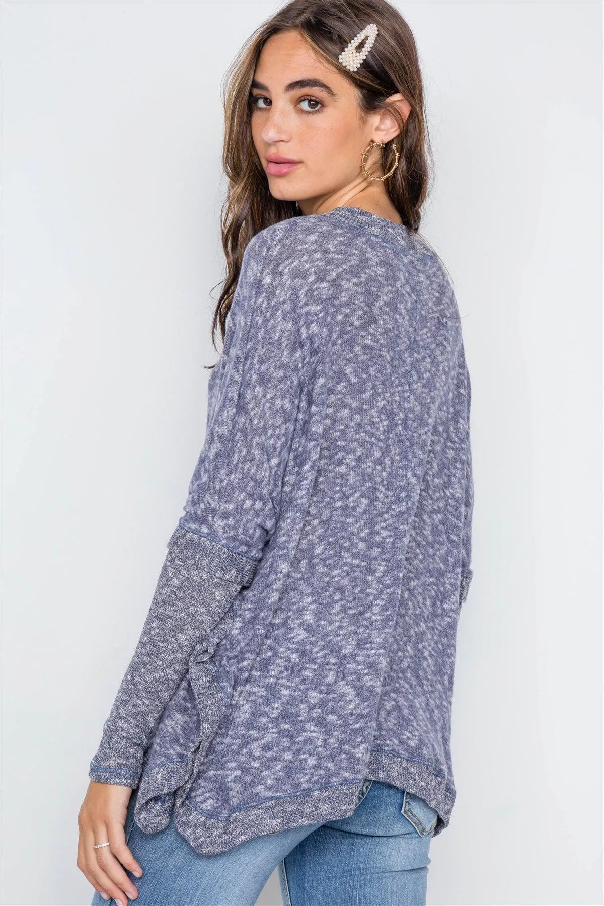 Navy Heathered Dolman Sleeves Knit Top