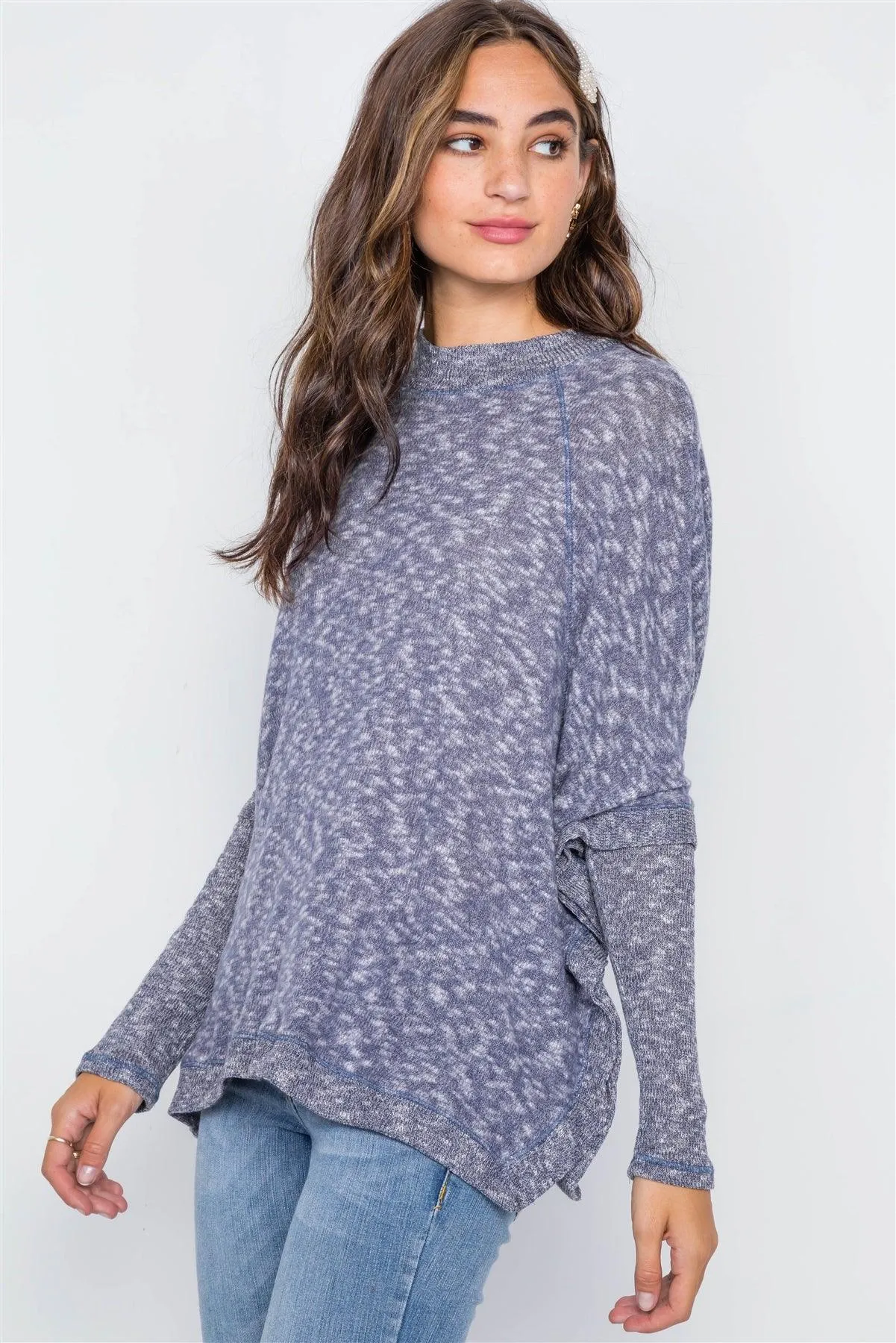 Navy Heathered Dolman Sleeves Knit Top