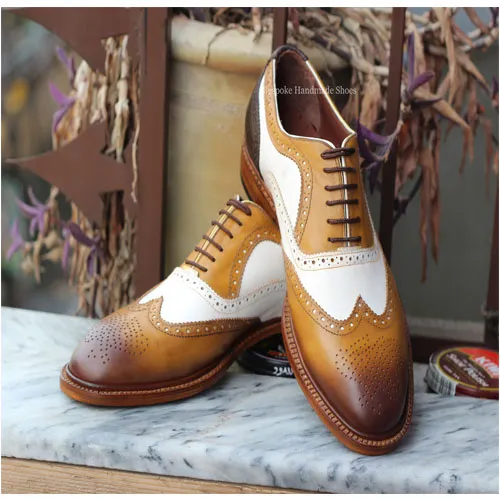 New Men's Handmade Tan, Cream Leather Oxford Wingtip Brogue Lace-Up Dress Shoes