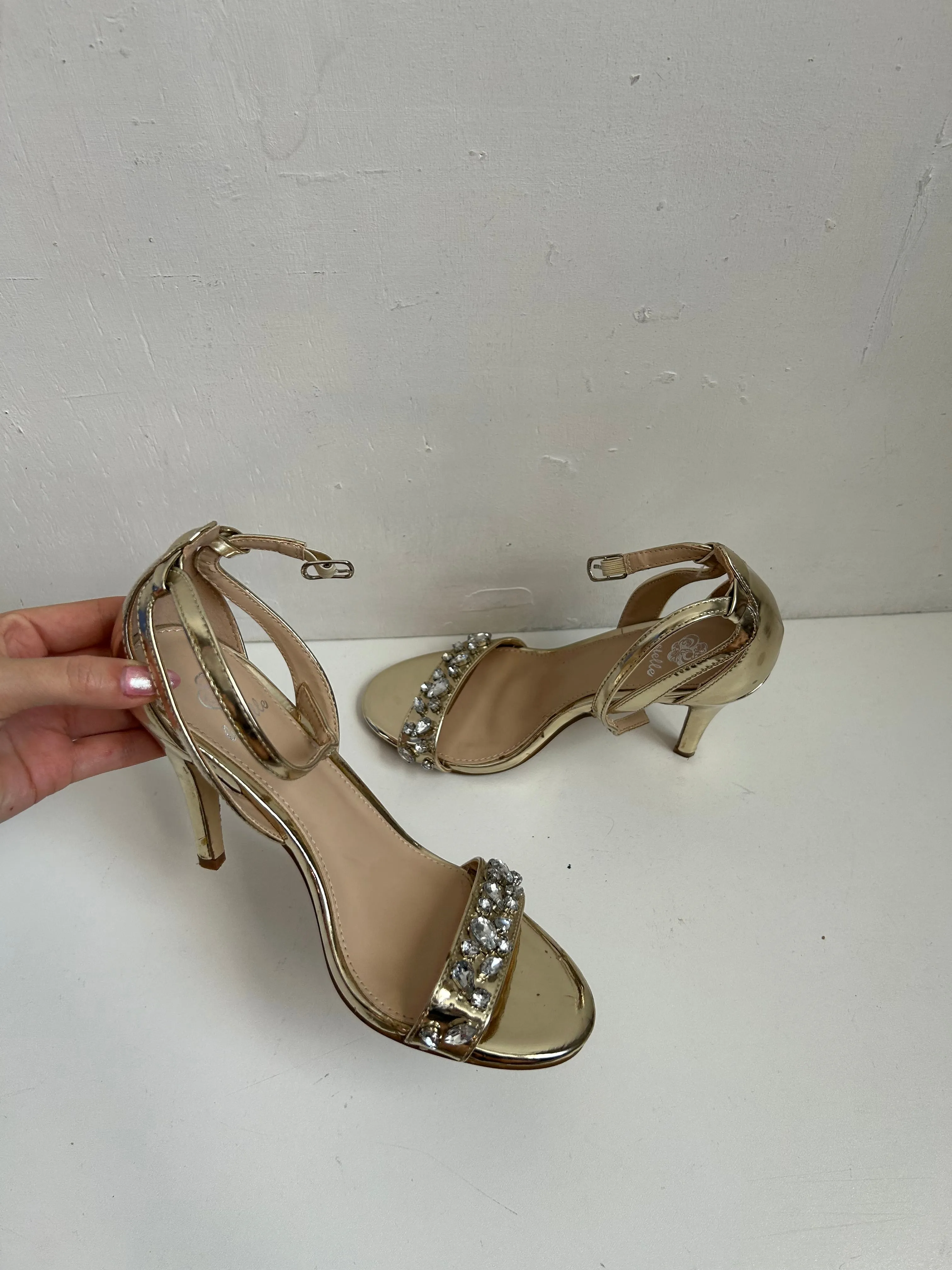 Open toe black gold & rhinestones kitten heels (36)