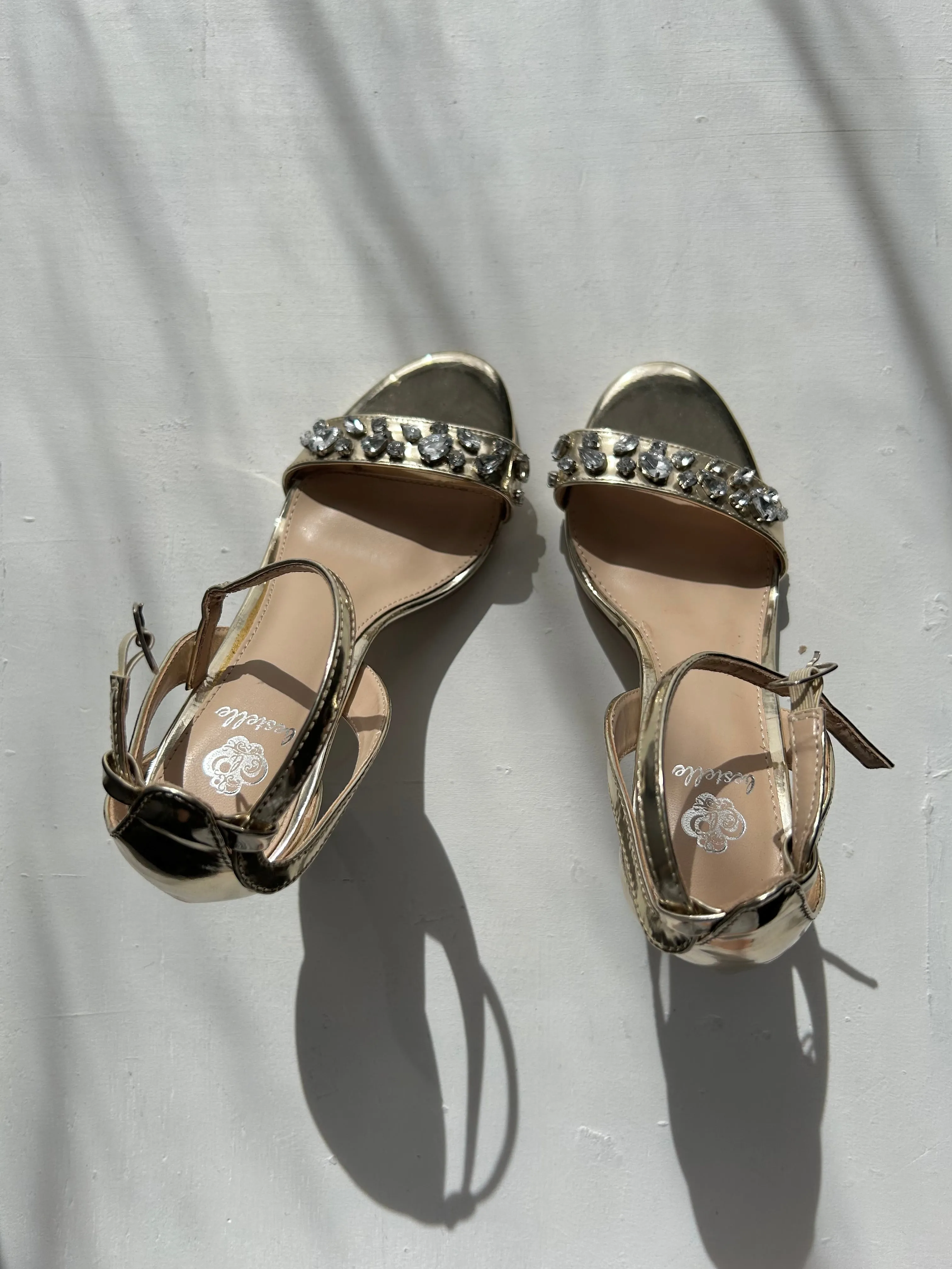 Open toe black gold & rhinestones kitten heels (36)