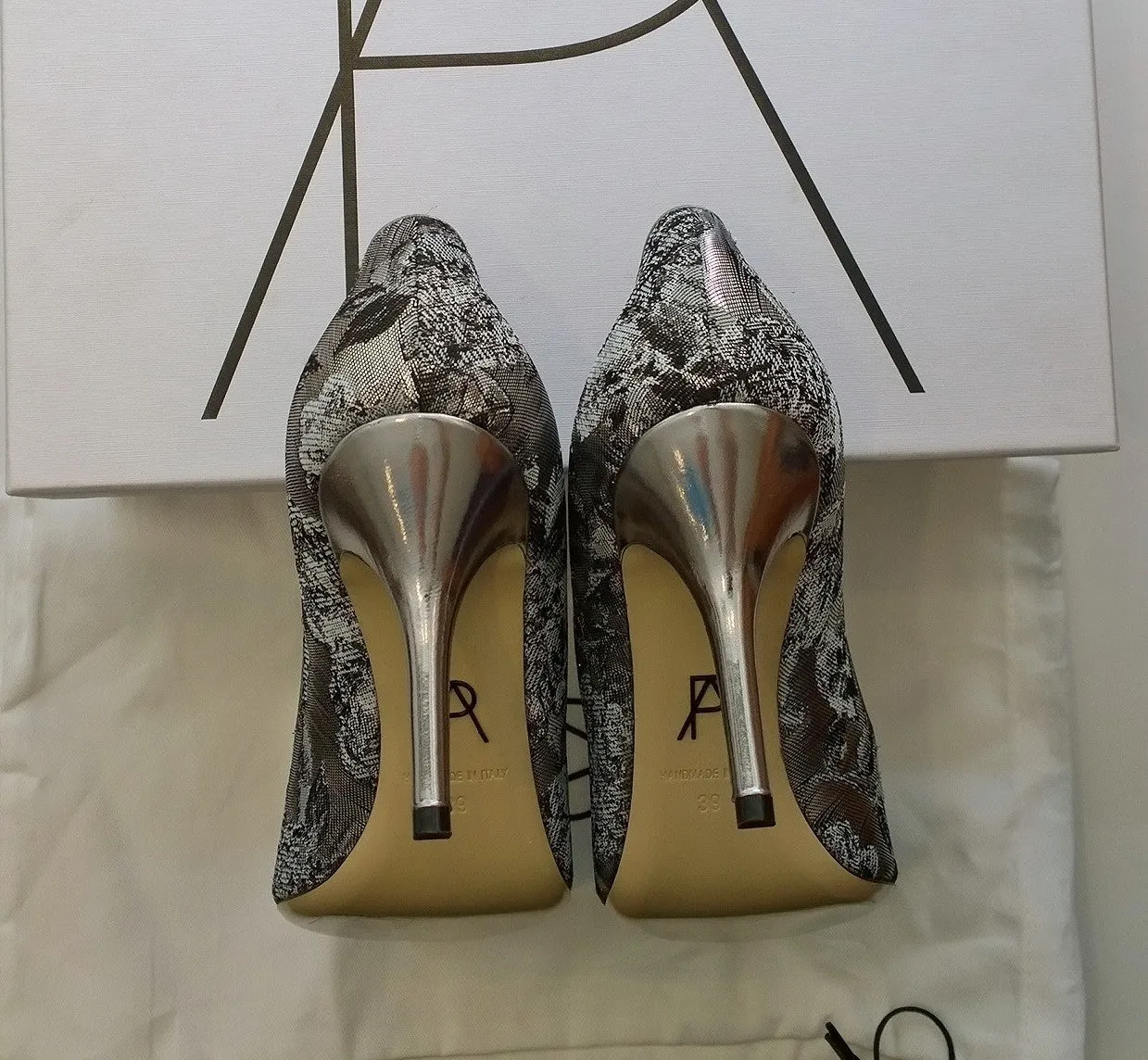 Paul Andrew Silver Samira Metallic Jacquard Heels