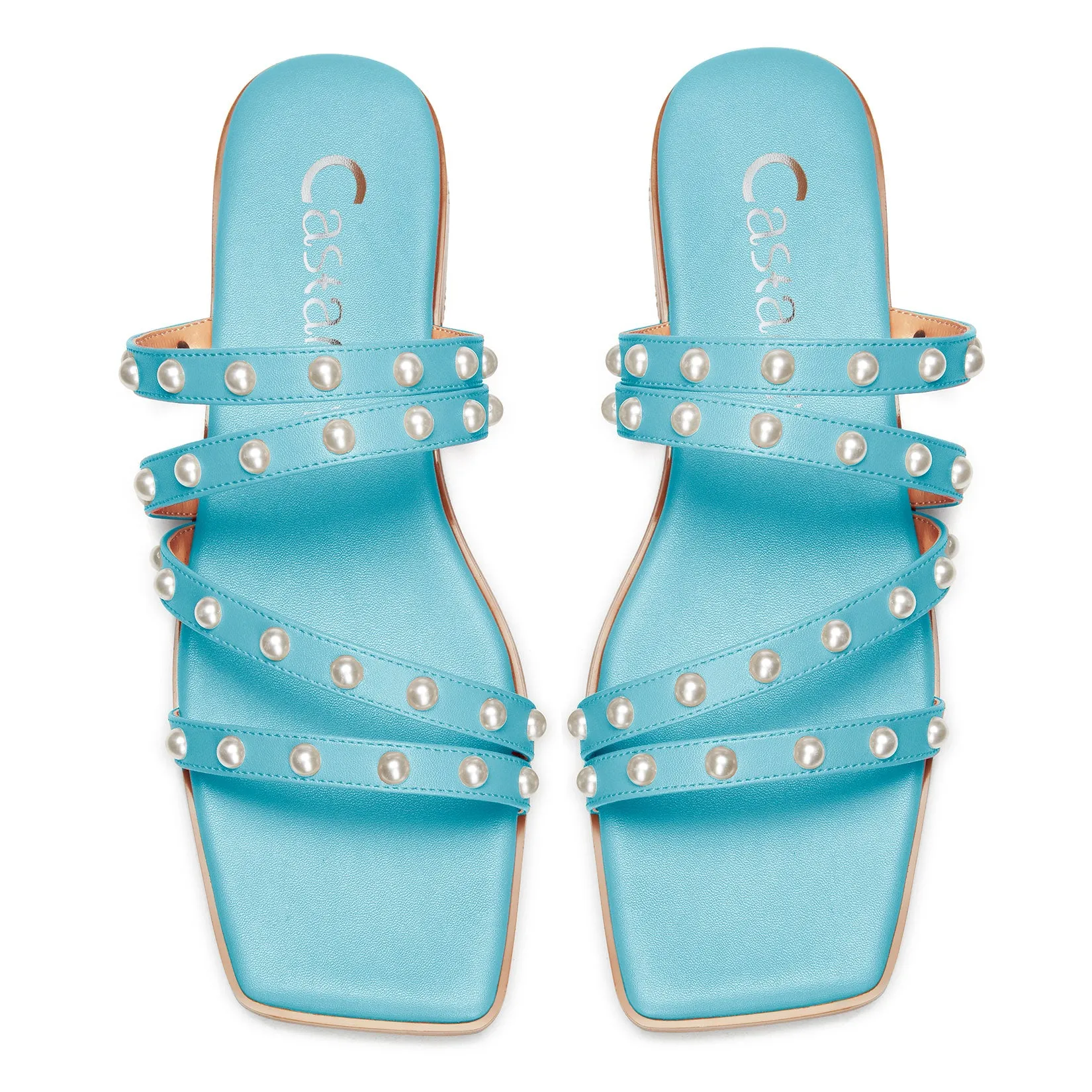 Pearl Strappy Flat Sandals Square-Toe Classic Sexy Shoes Slip-on Flat-Shoes