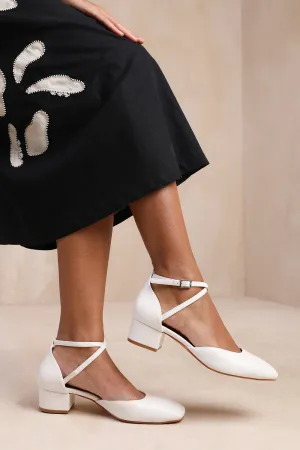 PERU CROSS OVER ANKLE STRAP LOW BLOCK HEEL IN WHITE FAUX LEATHER