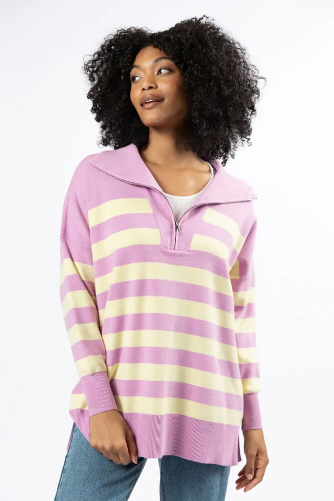 Pulling Heartstrings Purple And Yellow Striped Quarter Zip Pullover