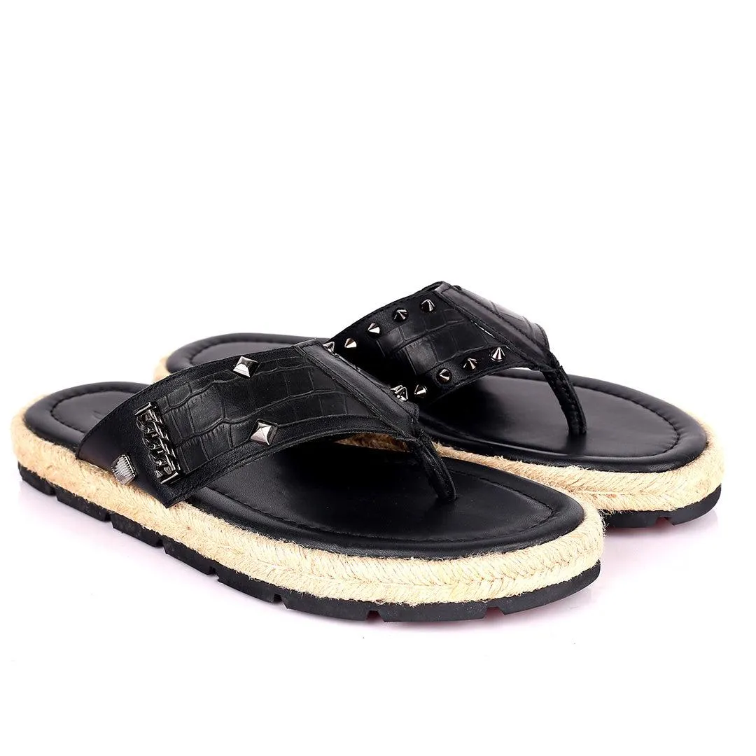 Salv Spike And Cow Hide Designed Original Leather Slippers - Black