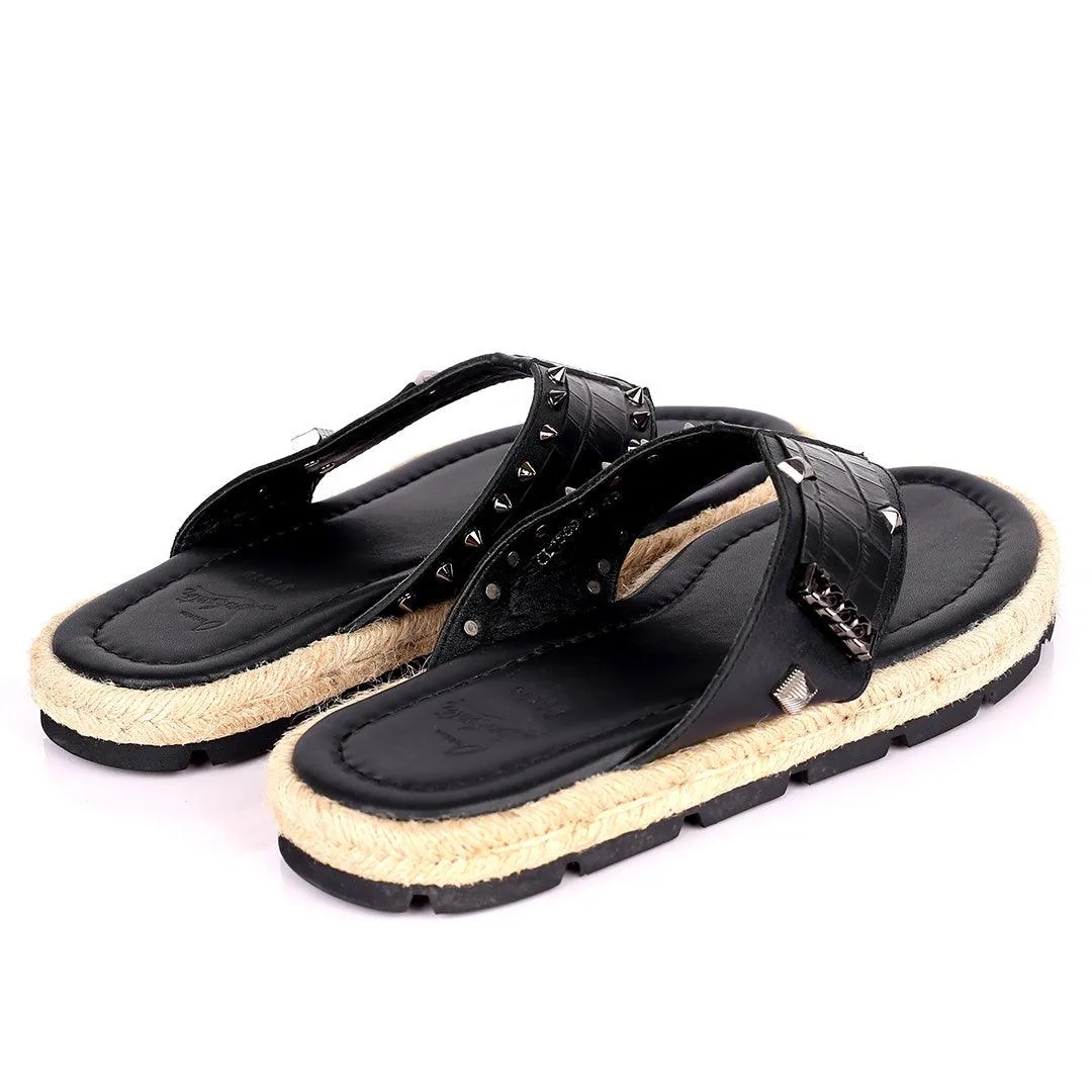 Salv Spike And Cow Hide Designed Original Leather Slippers - Black