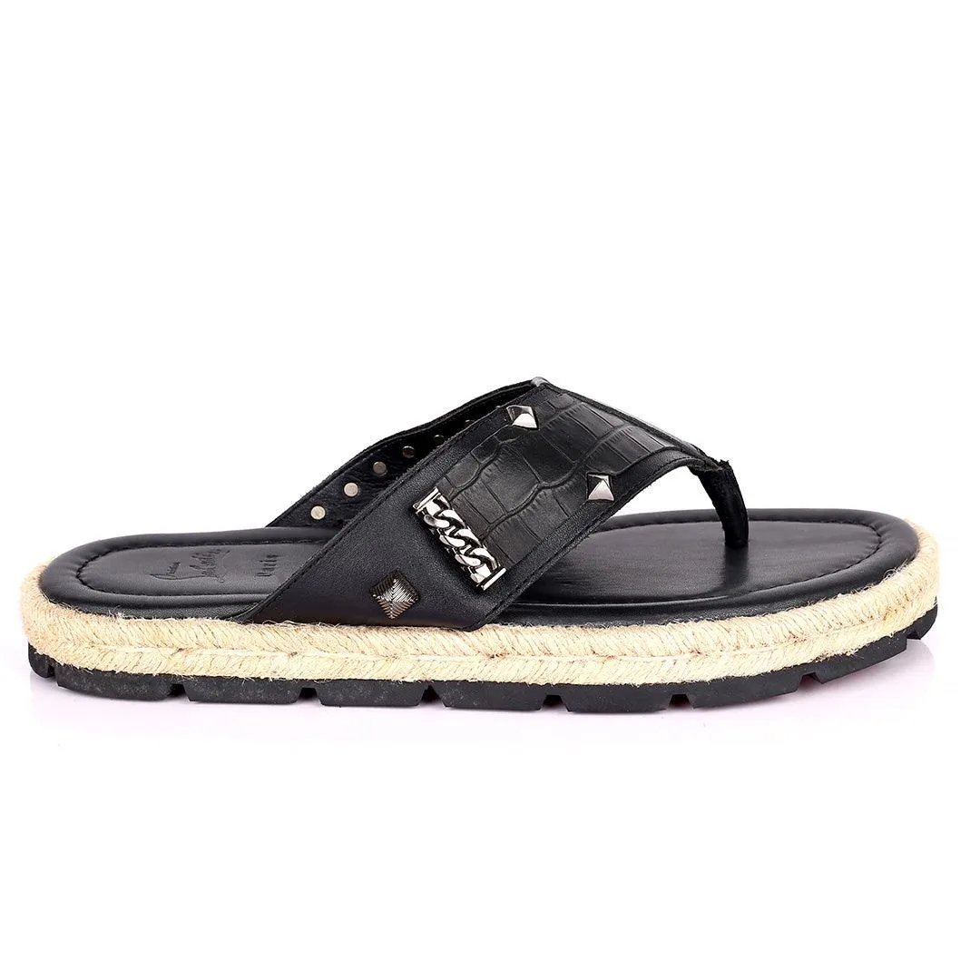 Salv Spike And Cow Hide Designed Original Leather Slippers - Black