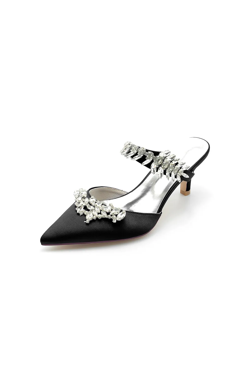 Satin Pointed Toe Mules with Crystal Rhinestone