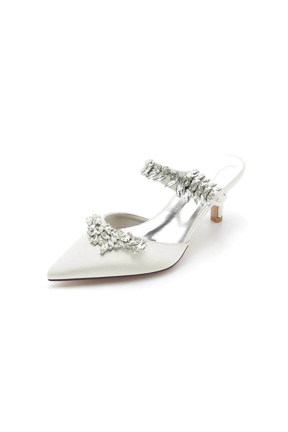 Satin Pointed Toe Mules with Crystal Rhinestone