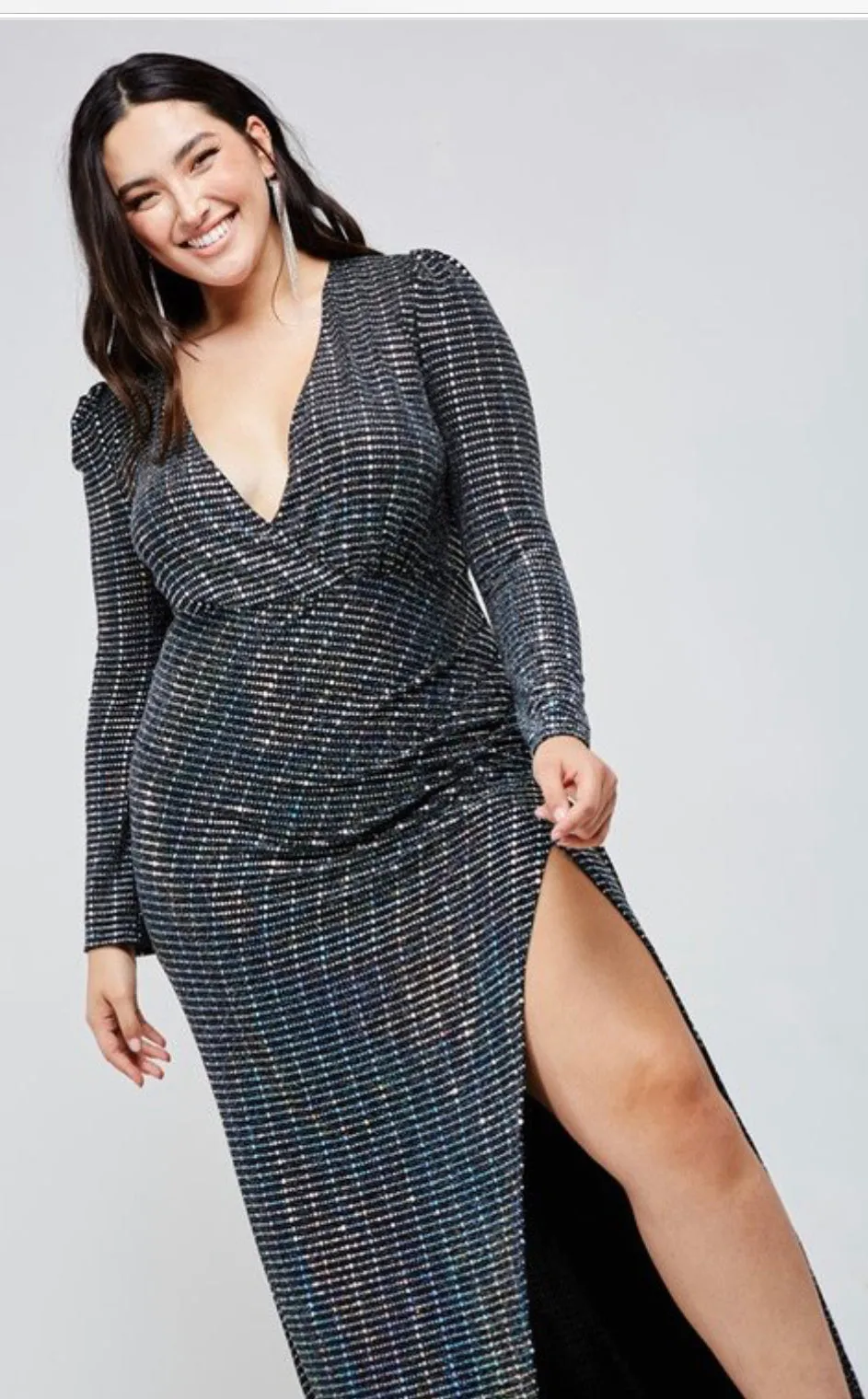 Sexy Holiday Black Hologram Sequin Tile Maxi Dress W/Split - PLUS