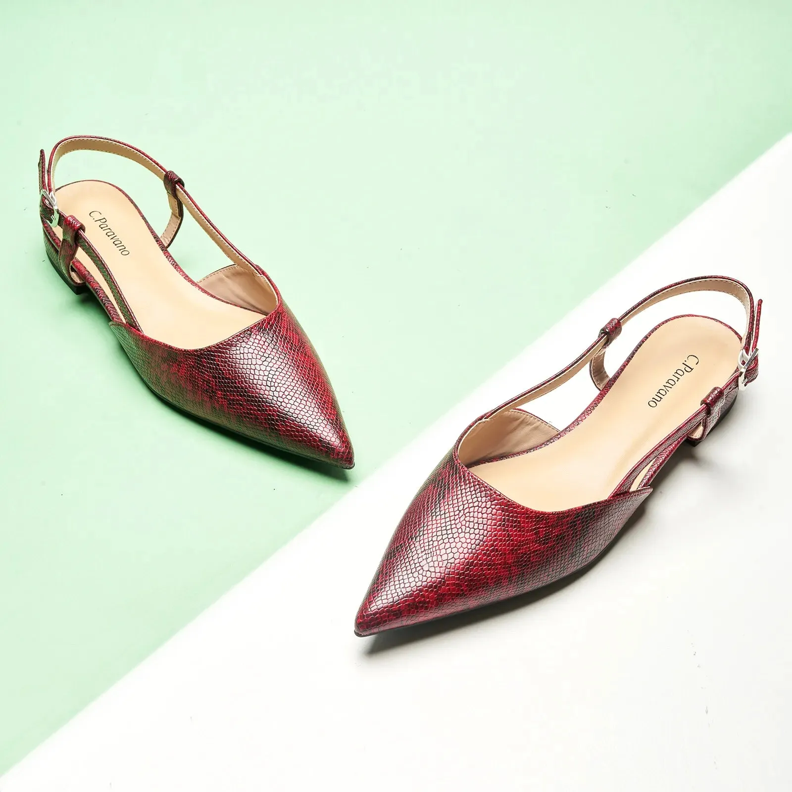 Sleek Prints Slingback Flats (Freya) Rose Red Snake