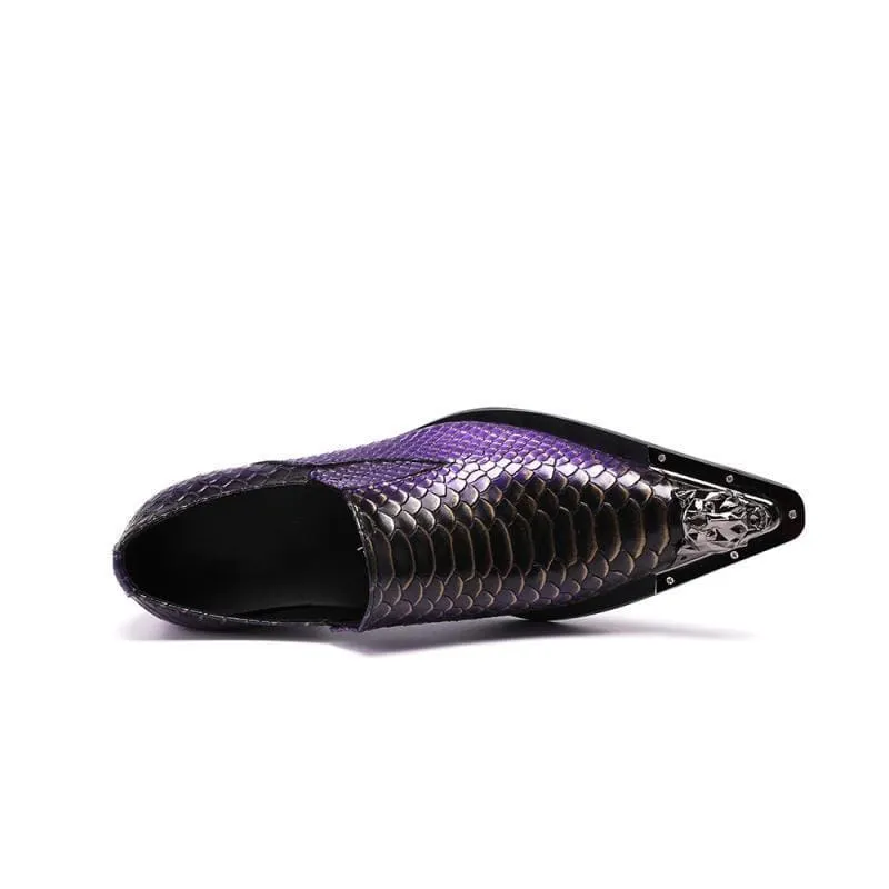 Stylish Purple Leather Crocodile Design Shoes with Metal Toe Caps