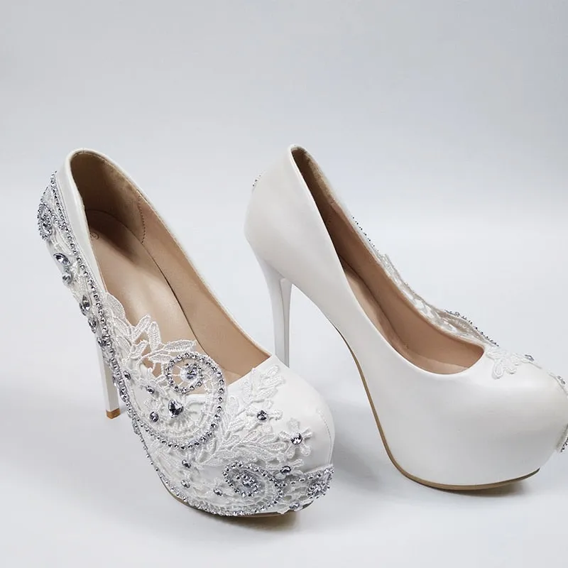 Super High Heel White Flower Wedding Bridal Party Shoes