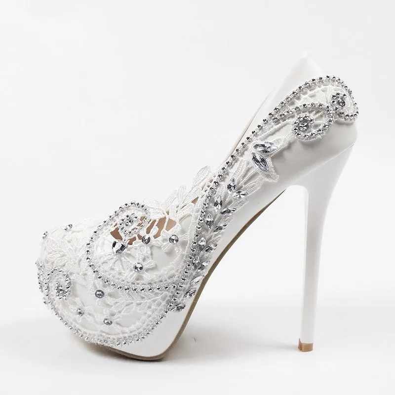 Super High Heel White Flower Wedding Bridal Party Shoes