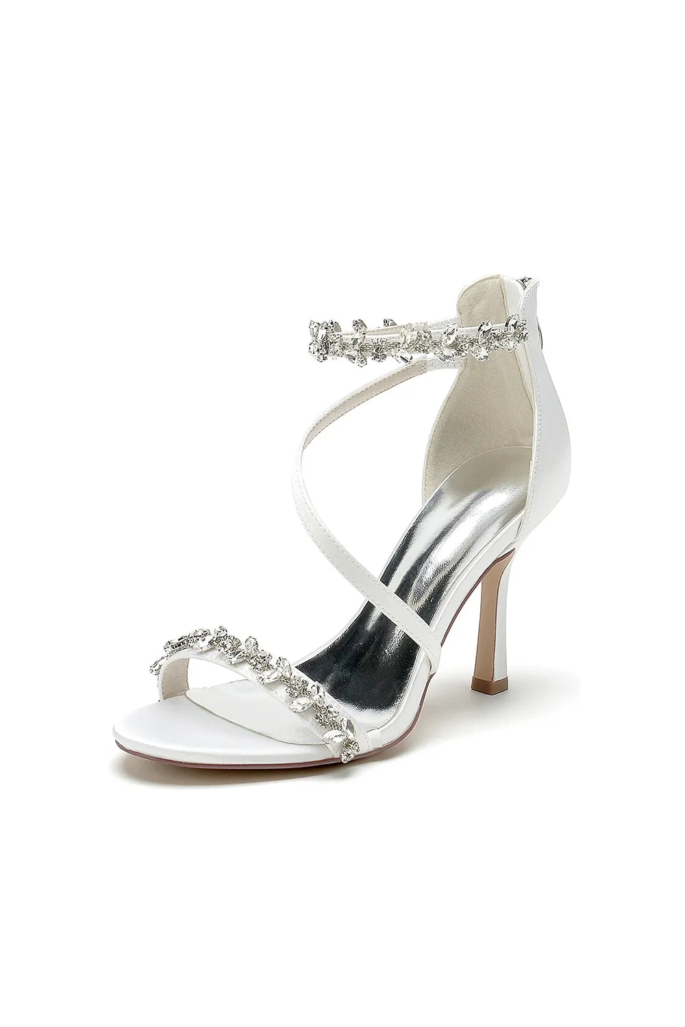 White Elegant High Heels with Crystal and Silver Accents