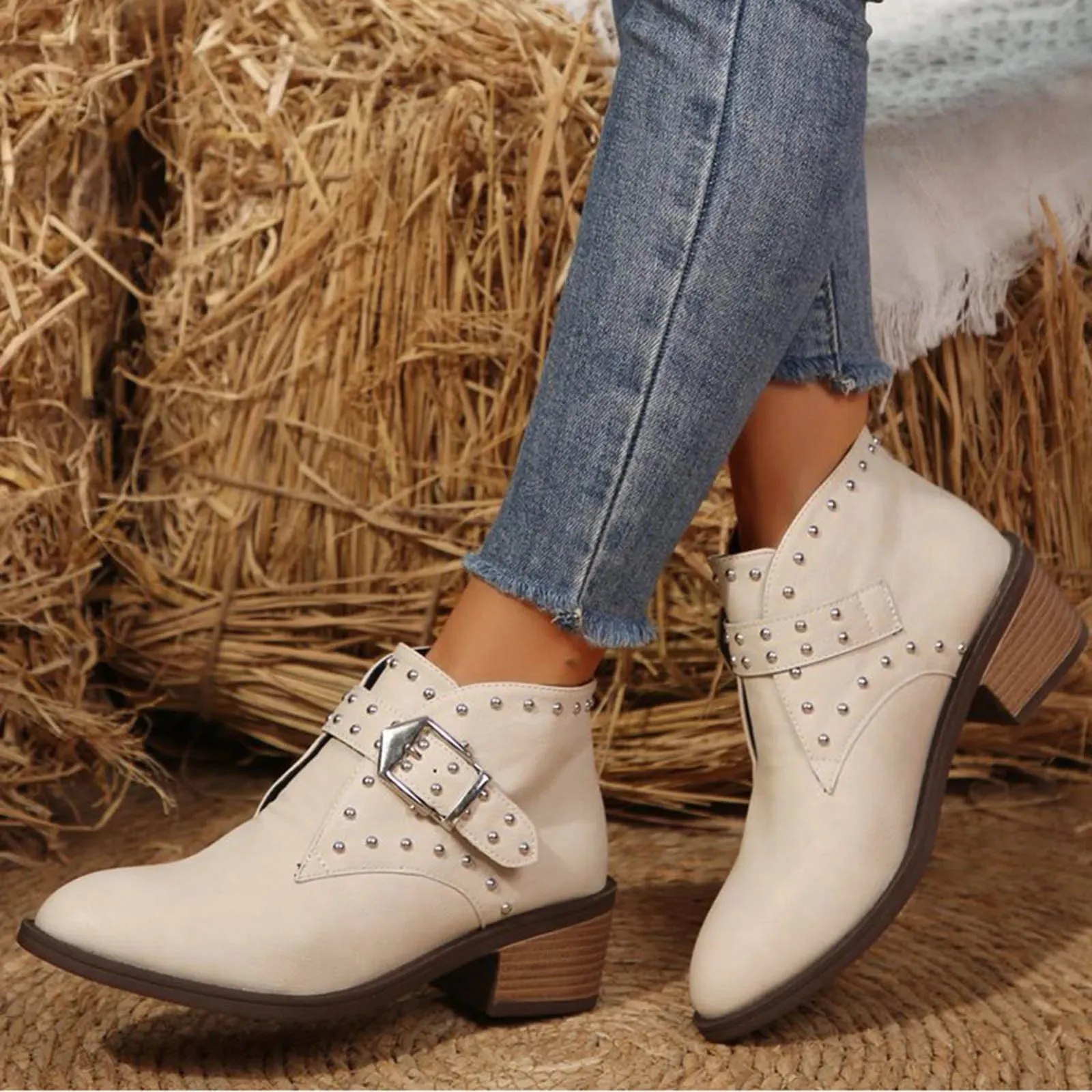 Women Spike Heel Pointed Toe Leather Ankle Boot With Buckle